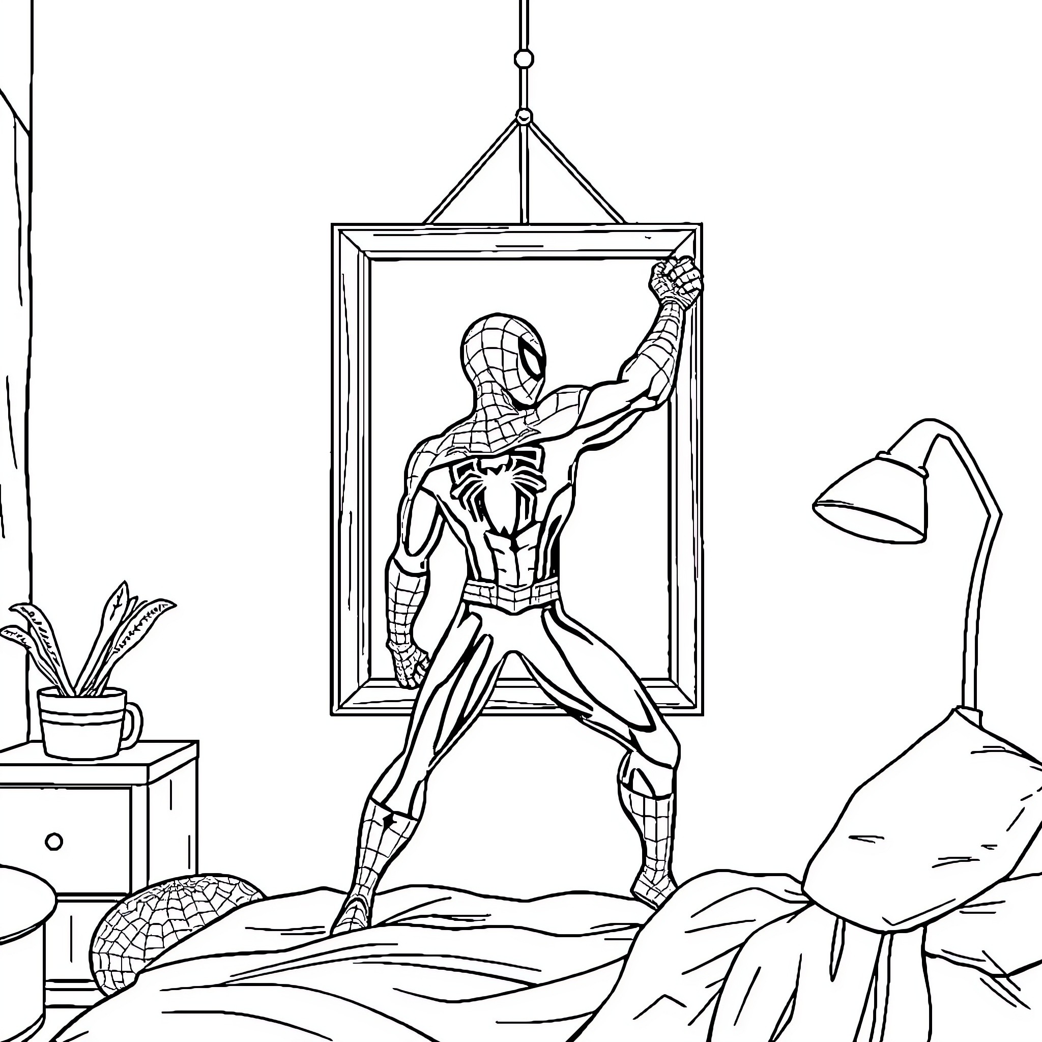 Spiderman striking a heroic pose in a room Coloring Page (free black-and-white line drawing printable PDF for all, from beginners to advanced learners, including children, teens, adults, and seniors)