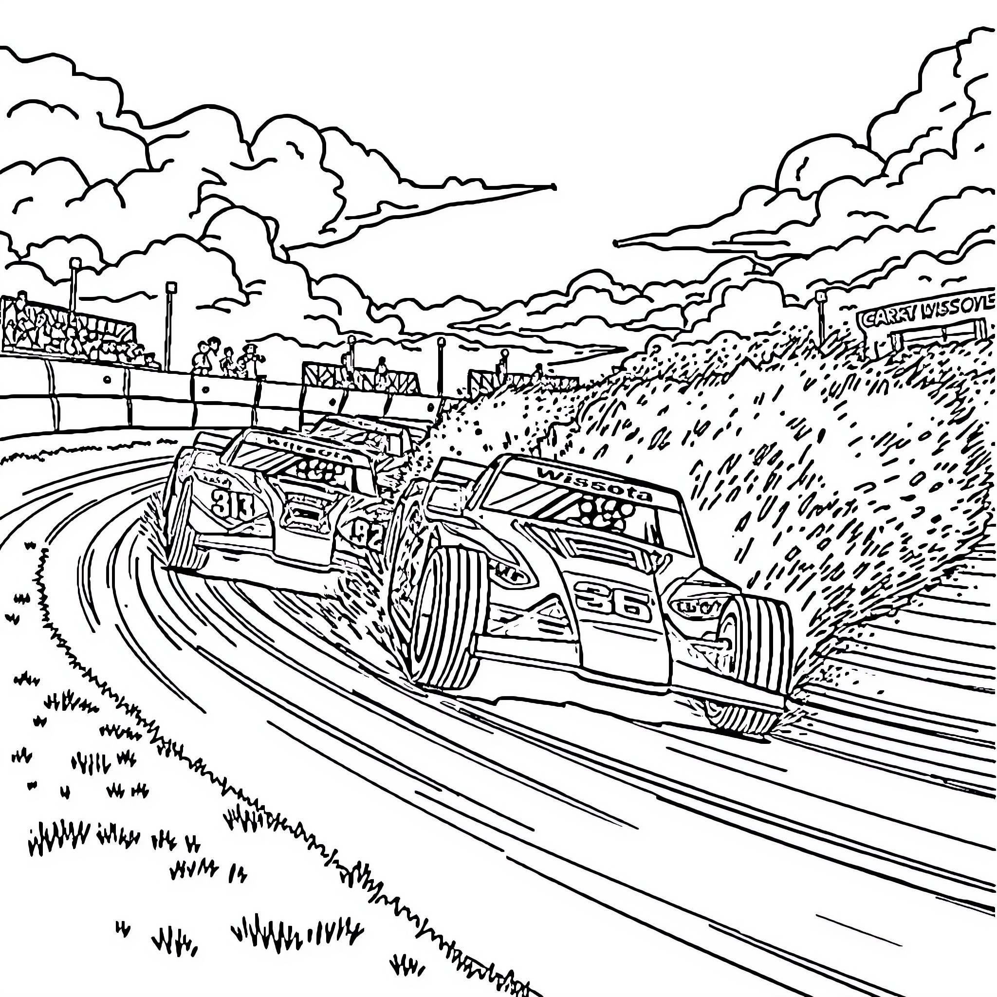 Race Car Racing Through the City Streets Coloring Page (free black-and-white line drawing printable PDF for all, from beginners to advanced learners, including children, teens, adults, and seniors)