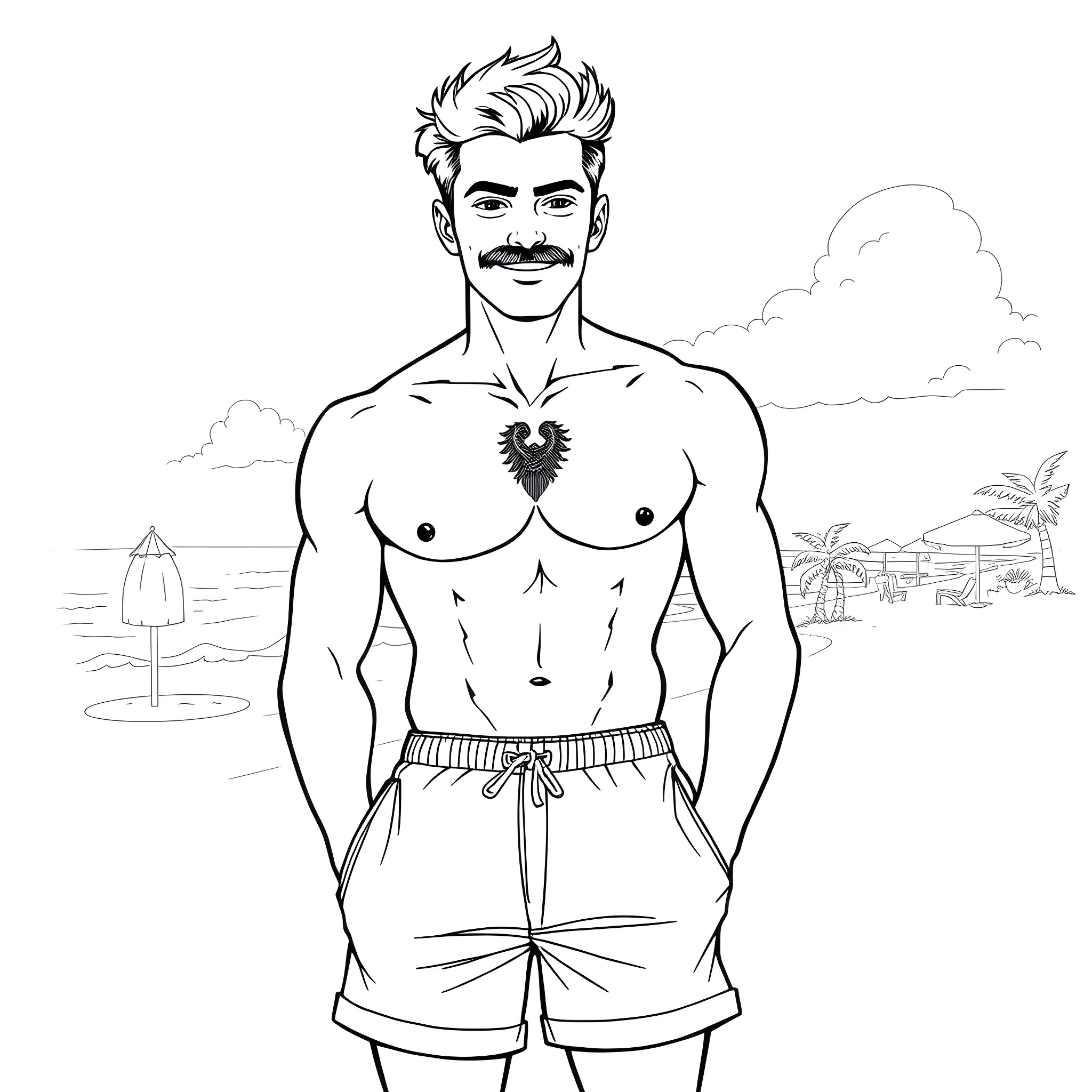 Teen Boy Striking Confident Pose at the Beach Coloring Page (free black-and-white line drawing printable PDF for all, from beginners to advanced learners, including children, teens, adults, and seniors)