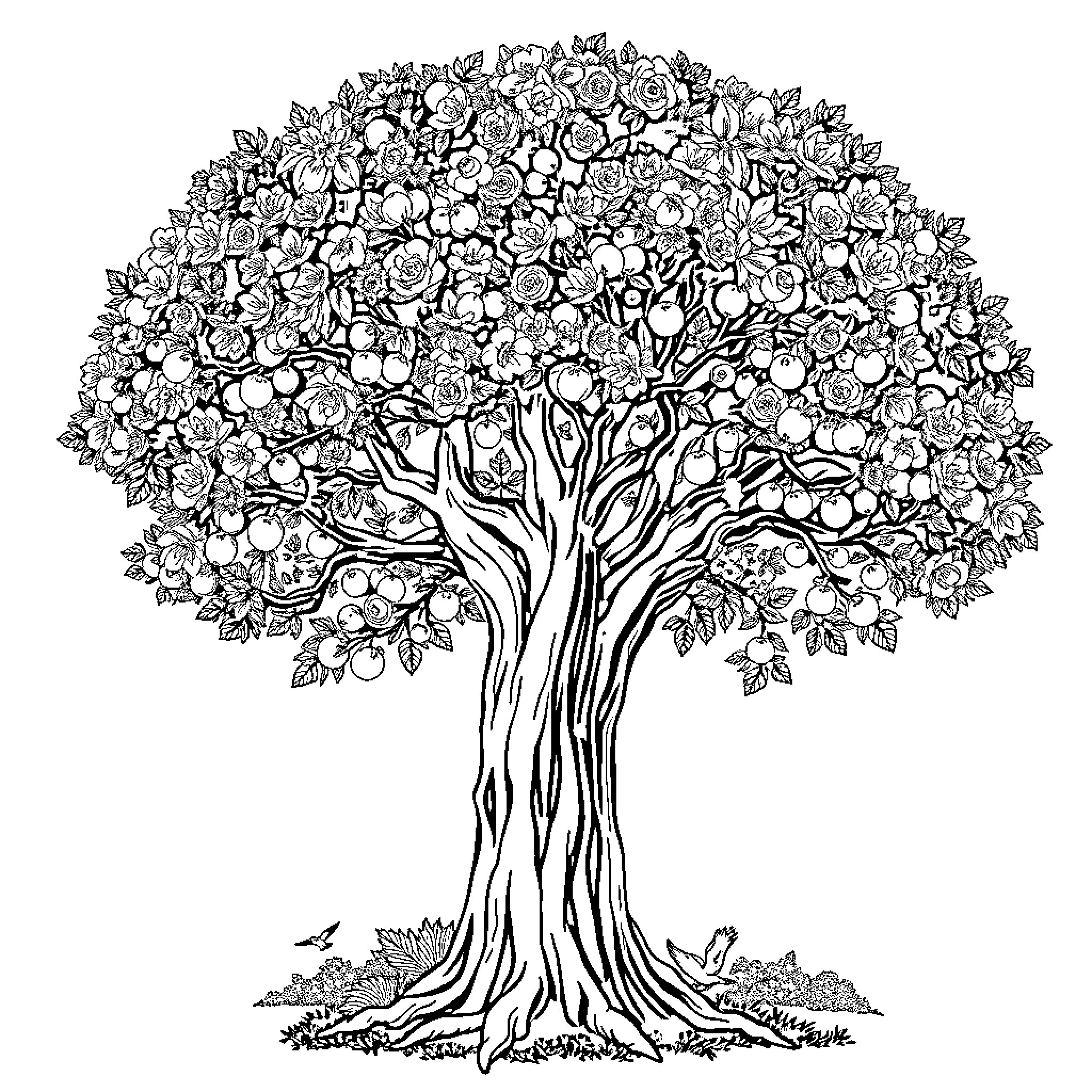 Tree of Abundant Flora Coloring Page (free black-and-white line drawing printable PDF for all, from beginners to advanced learners, including children, teens, adults, and seniors)