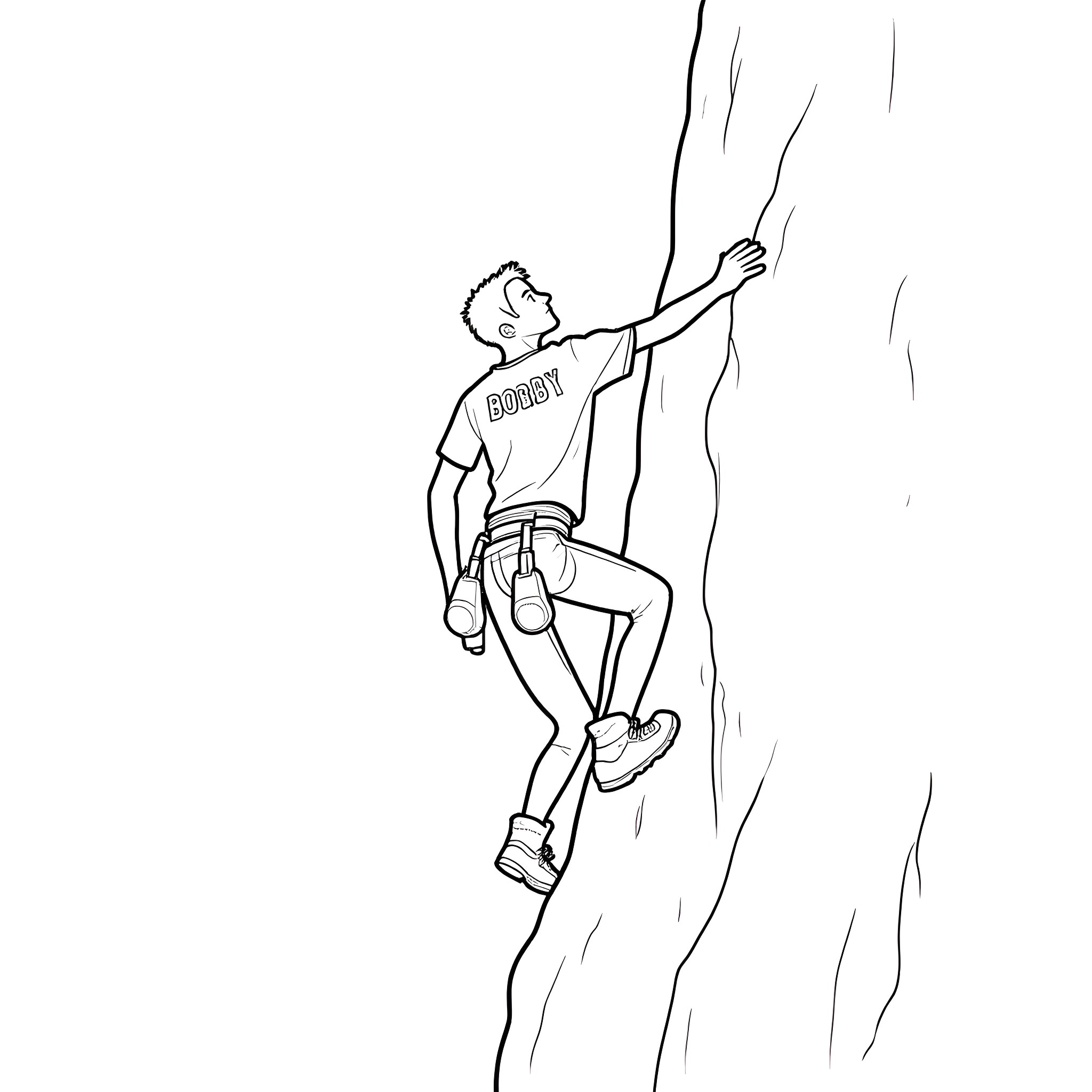 Rock Climber Scaling Steep Cliff Coloring Page (free black-and-white line drawing printable PDF for all, from beginners to advanced learners, including children, teens, adults, and seniors)