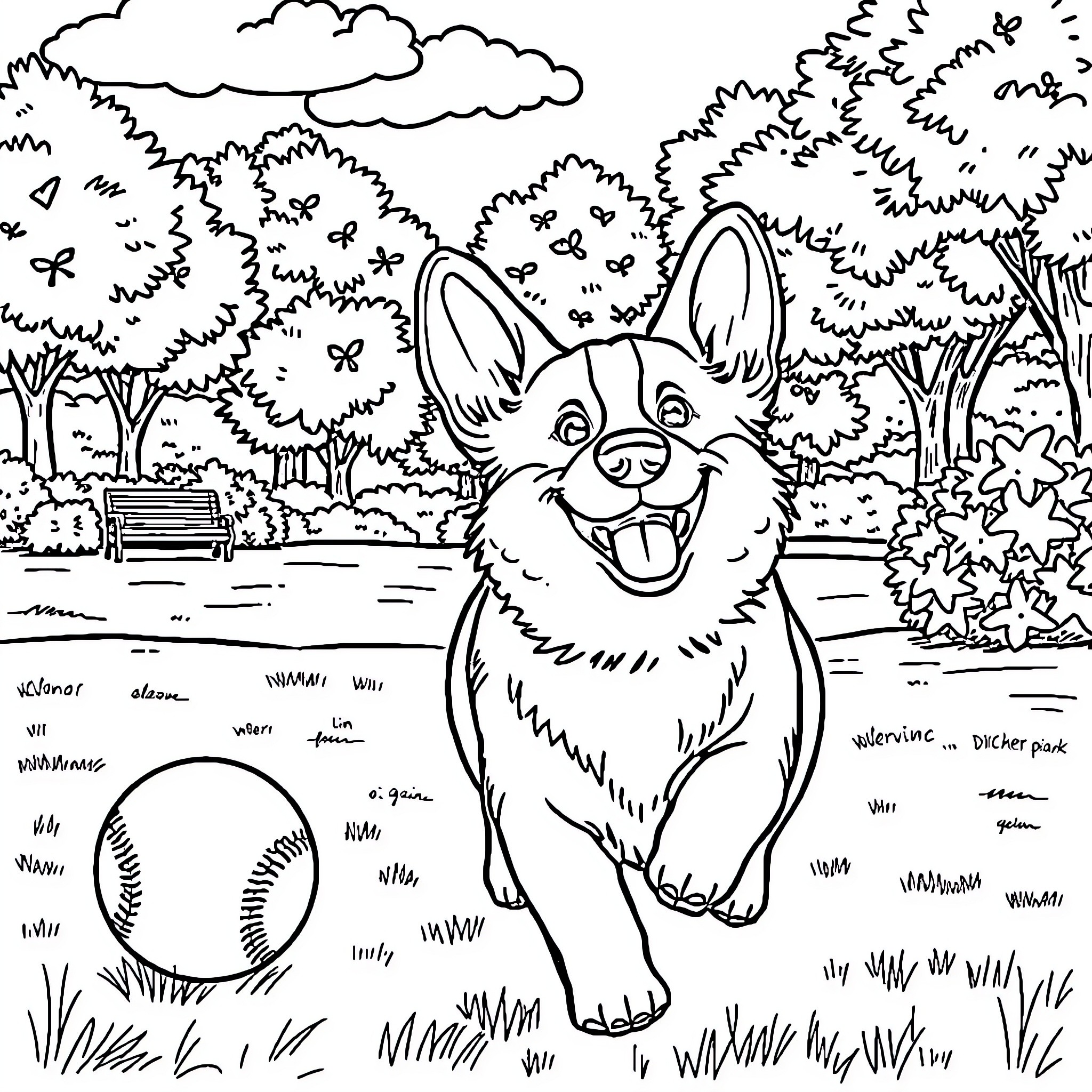 Corgi playing happily in the park Coloring Page (free black-and-white line drawing printable PDF for all, from beginners to advanced learners, including children, teens, adults, and seniors)