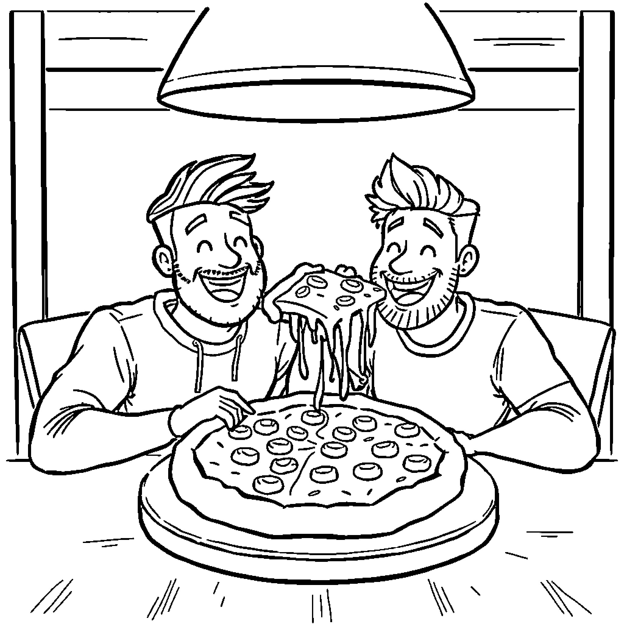 Casoh: Two friends sharing a delicious pizza Coloring Page (free black-and-white line drawing printable PDF for all, from beginners to advanced learners, including children, teens, adults, and seniors)