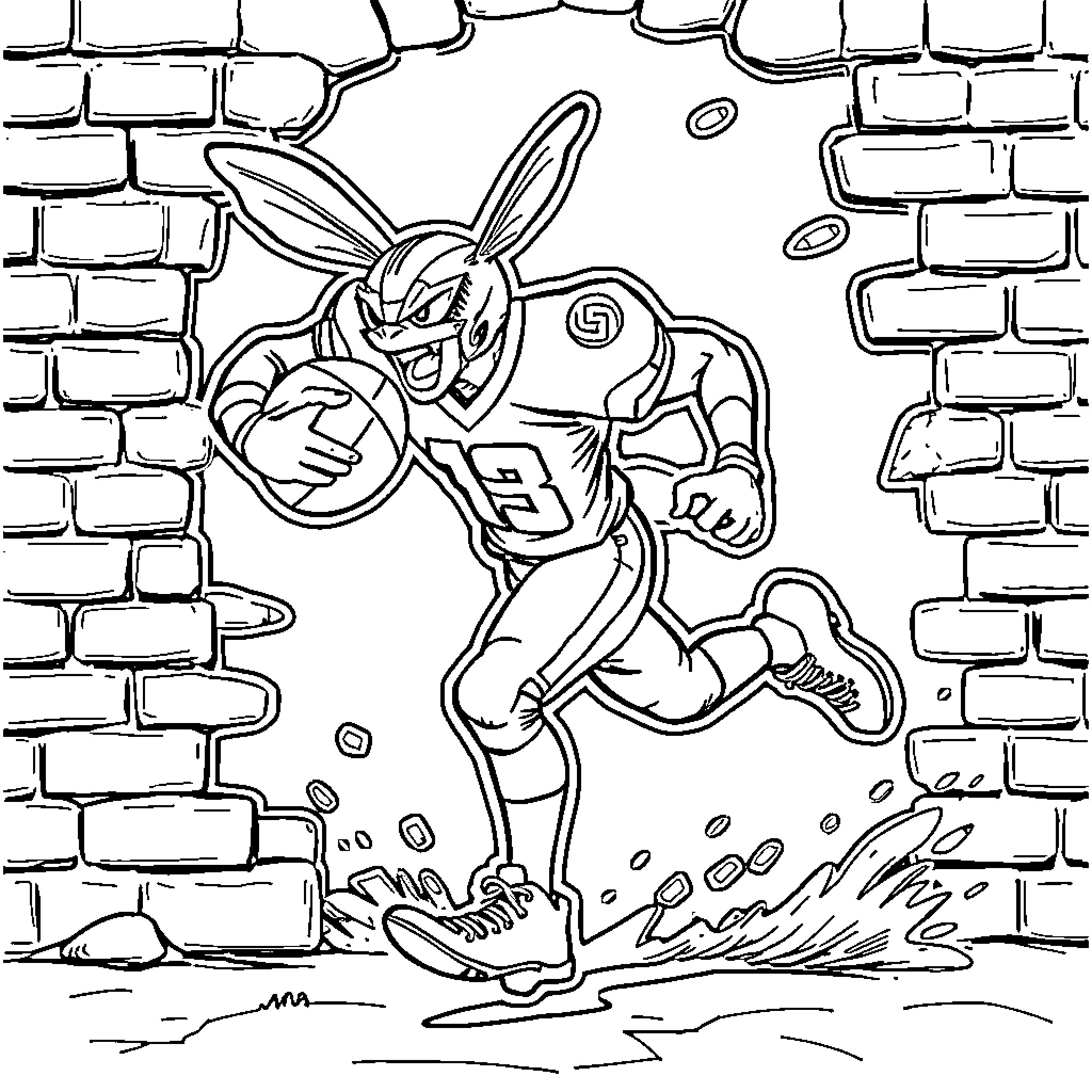 Hornet football player bursting through the wall Coloring Page (free black-and-white line drawing printable PDF for all, from beginners to advanced learners, including children, teens, adults, and seniors)