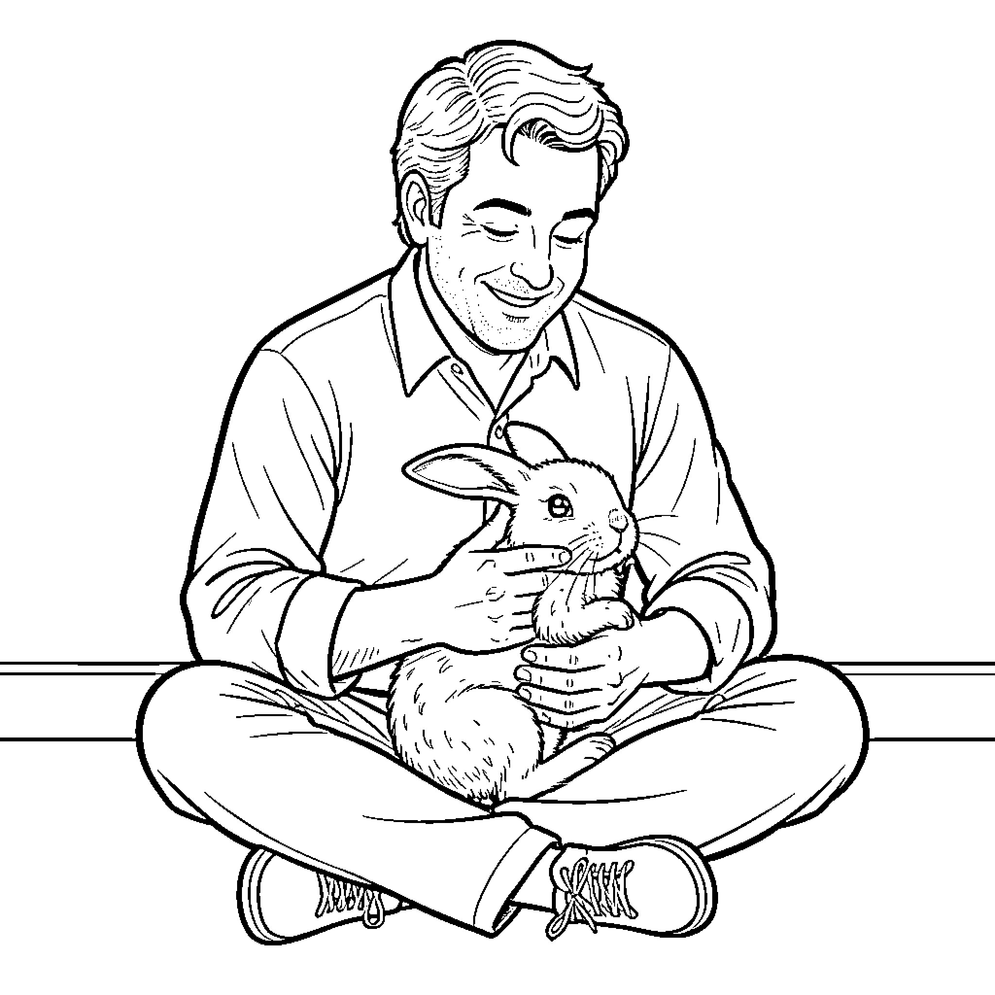 Joey smiling while gently holding a small rabbit Coloring Page (free black-and-white line drawing printable PDF for all, from beginners to advanced learners, including children, teens, adults, and seniors)