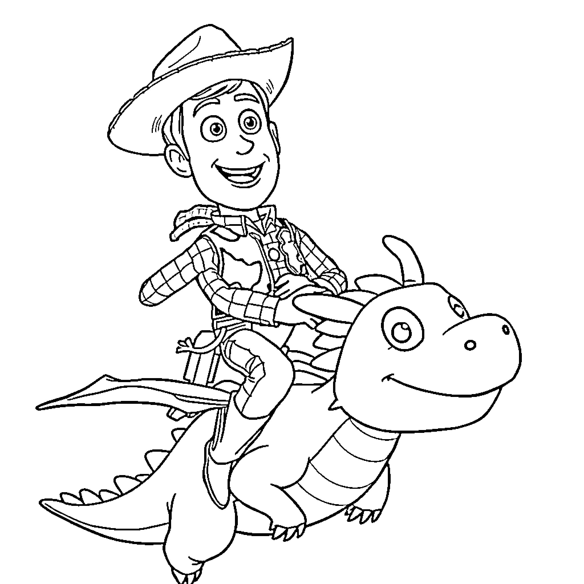 Woody and his friendly dinosaur companion Coloring Page (free black-and-white line drawing printable PDF for all, from beginners to advanced learners, including children, teens, adults, and seniors)