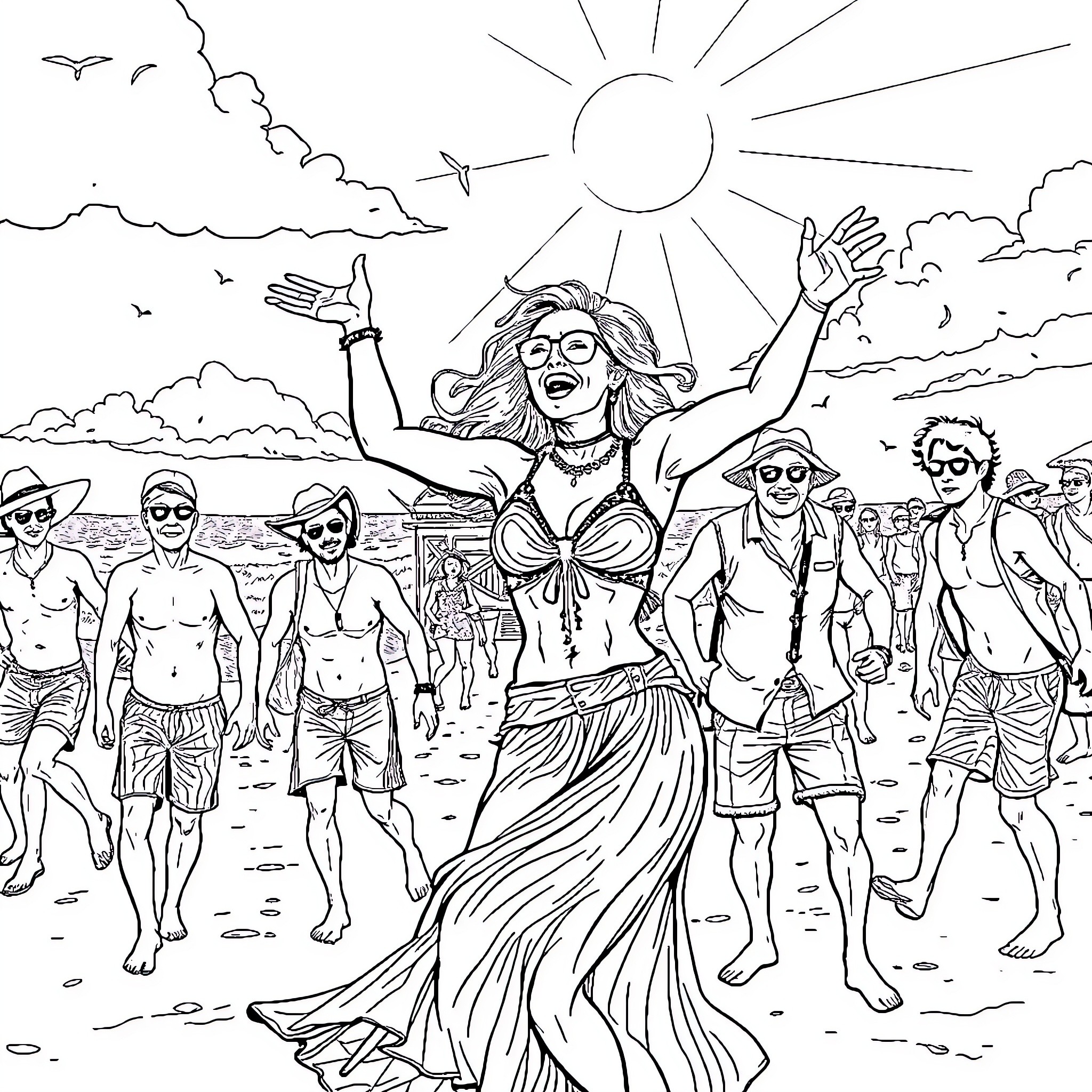 Woman celebrating joyfully at the beach with others Coloring Page (free black-and-white line drawing printable PDF for all, from beginners to advanced learners, including children, teens, adults, and seniors)