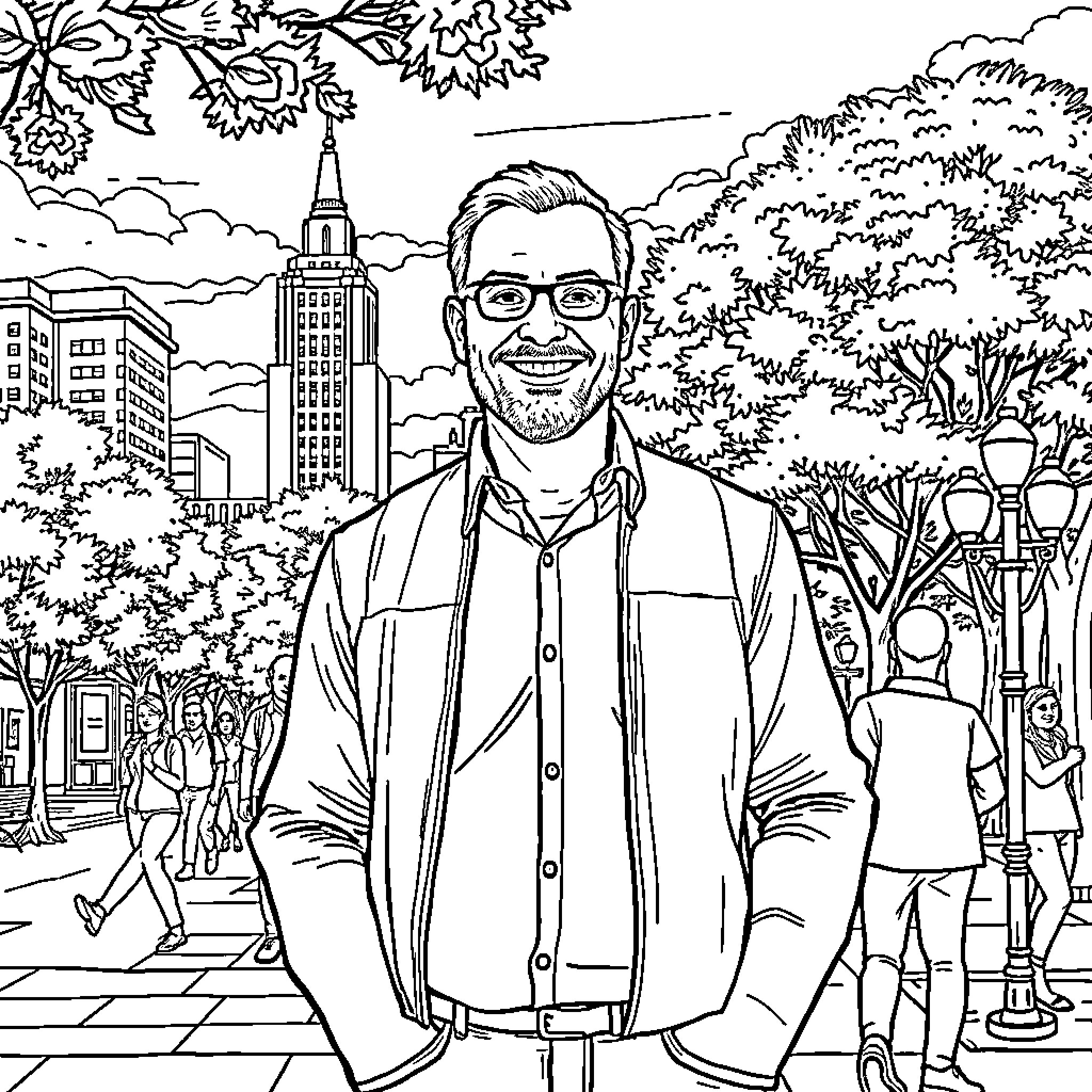 Patrick Ryland explores the bustling city streets Coloring Page (free black-and-white line drawing printable PDF for all, from beginners to advanced learners, including children, teens, adults, and seniors)