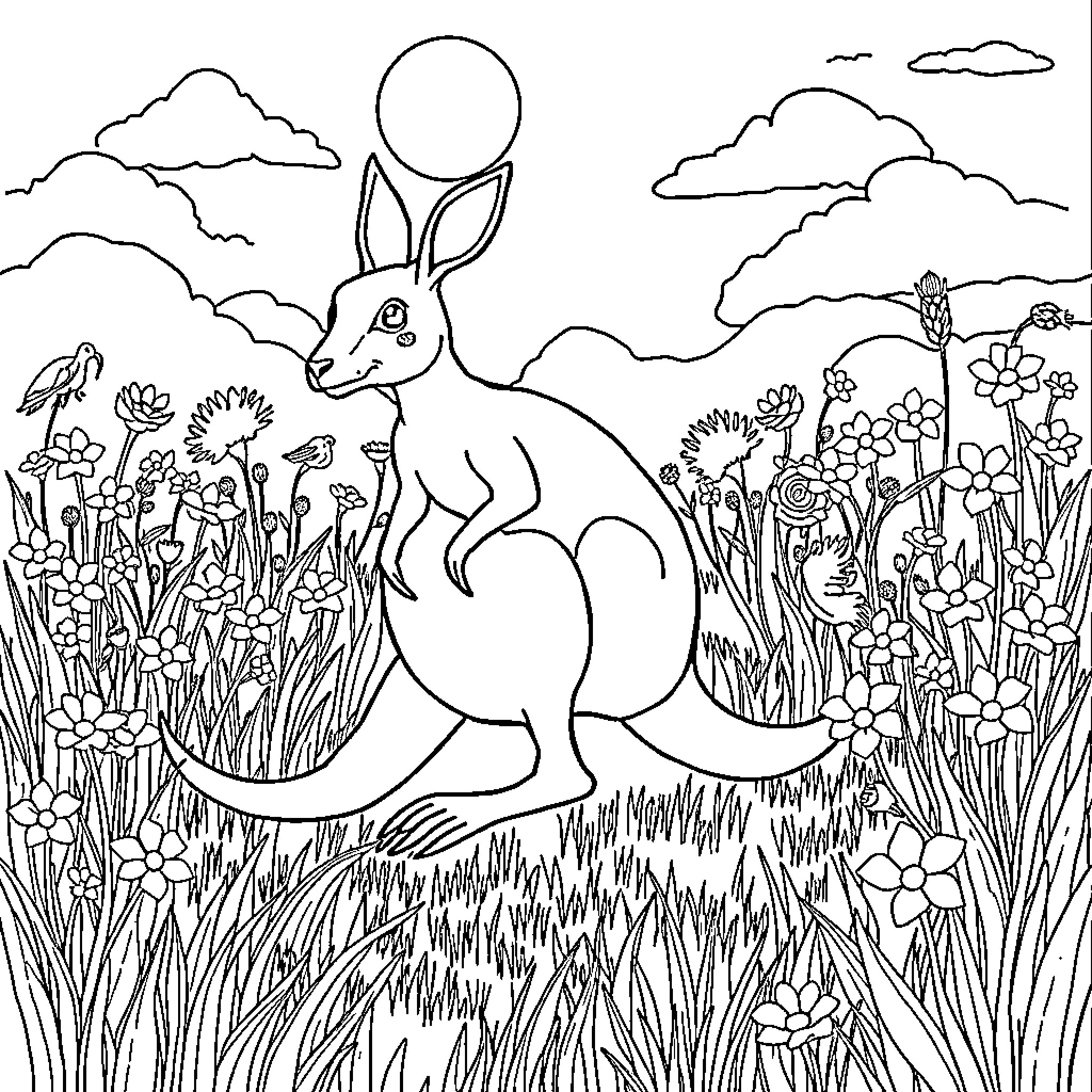 Kangaroo hopping through a lush meadow Coloring Page (free black-and-white line drawing printable PDF for all, from beginners to advanced learners, including children, teens, adults, and seniors)