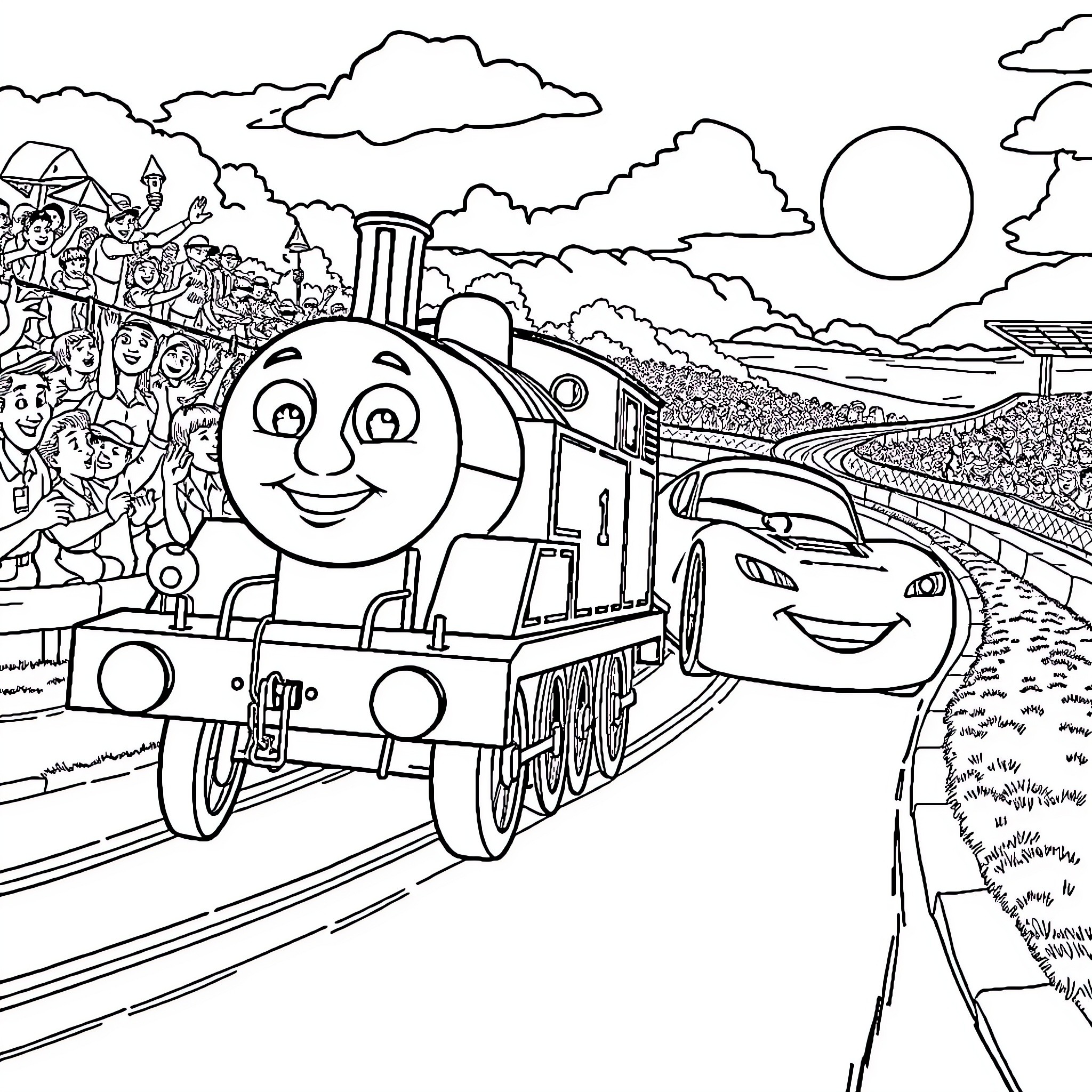 Thomas the Train Engine Traversing the Countryside Coloring Page (free black-and-white line drawing printable PDF for all, from beginners to advanced learners, including children, teens, adults, and seniors)