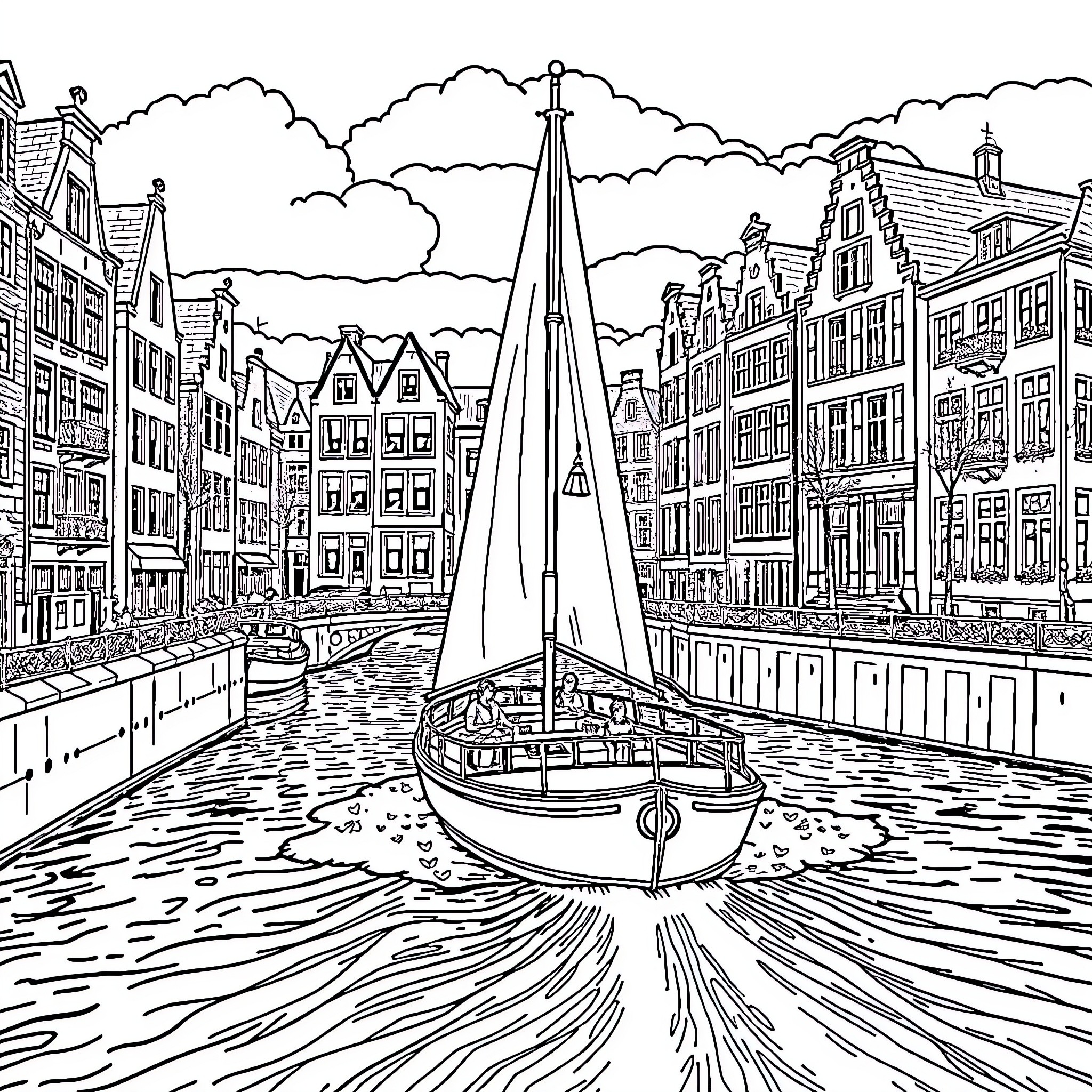 Sail through the historic canal city Coloring Page (free black-and-white line drawing printable PDF for all, from beginners to advanced learners, including children, teens, adults, and seniors)