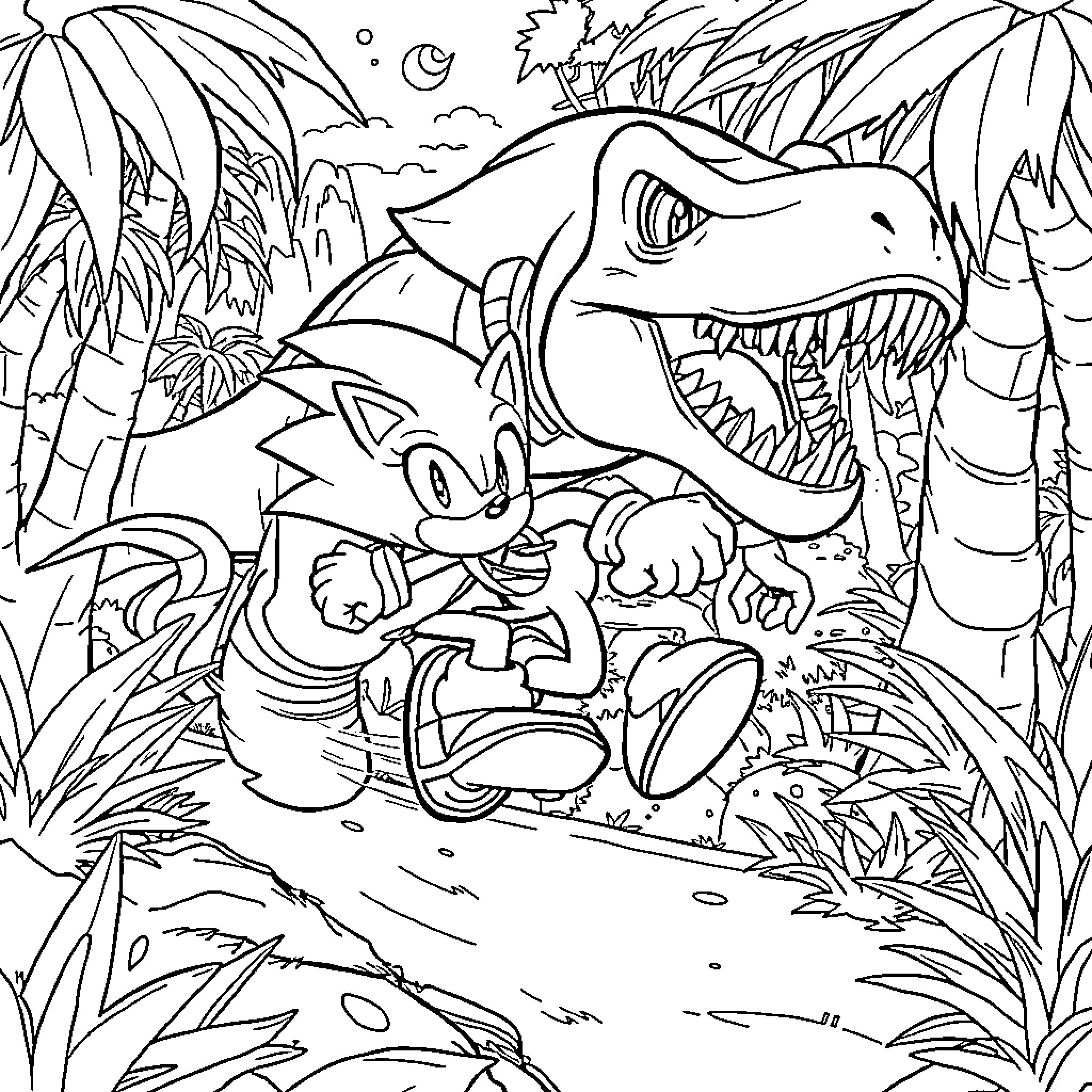Sonic's Jungle Adventure with Fearsome Shark Coloring Page (free black-and-white line drawing printable PDF for all, from beginners to advanced learners, including children, teens, adults, and seniors)