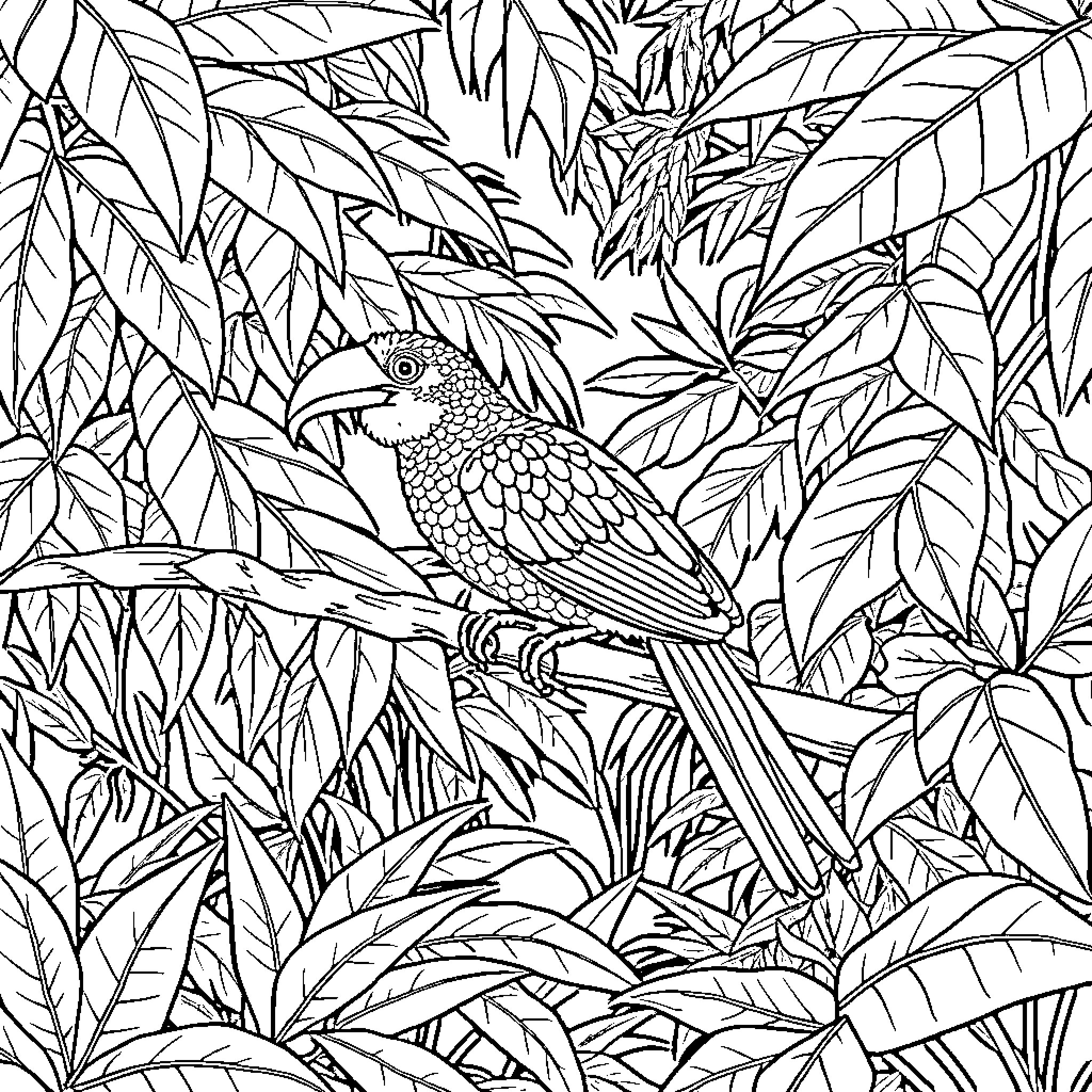 Jutia - Tropical Bird Amidst Lush Foliage Coloring Page (free black-and-white line drawing printable PDF for all, from beginners to advanced learners, including children, teens, adults, and seniors)