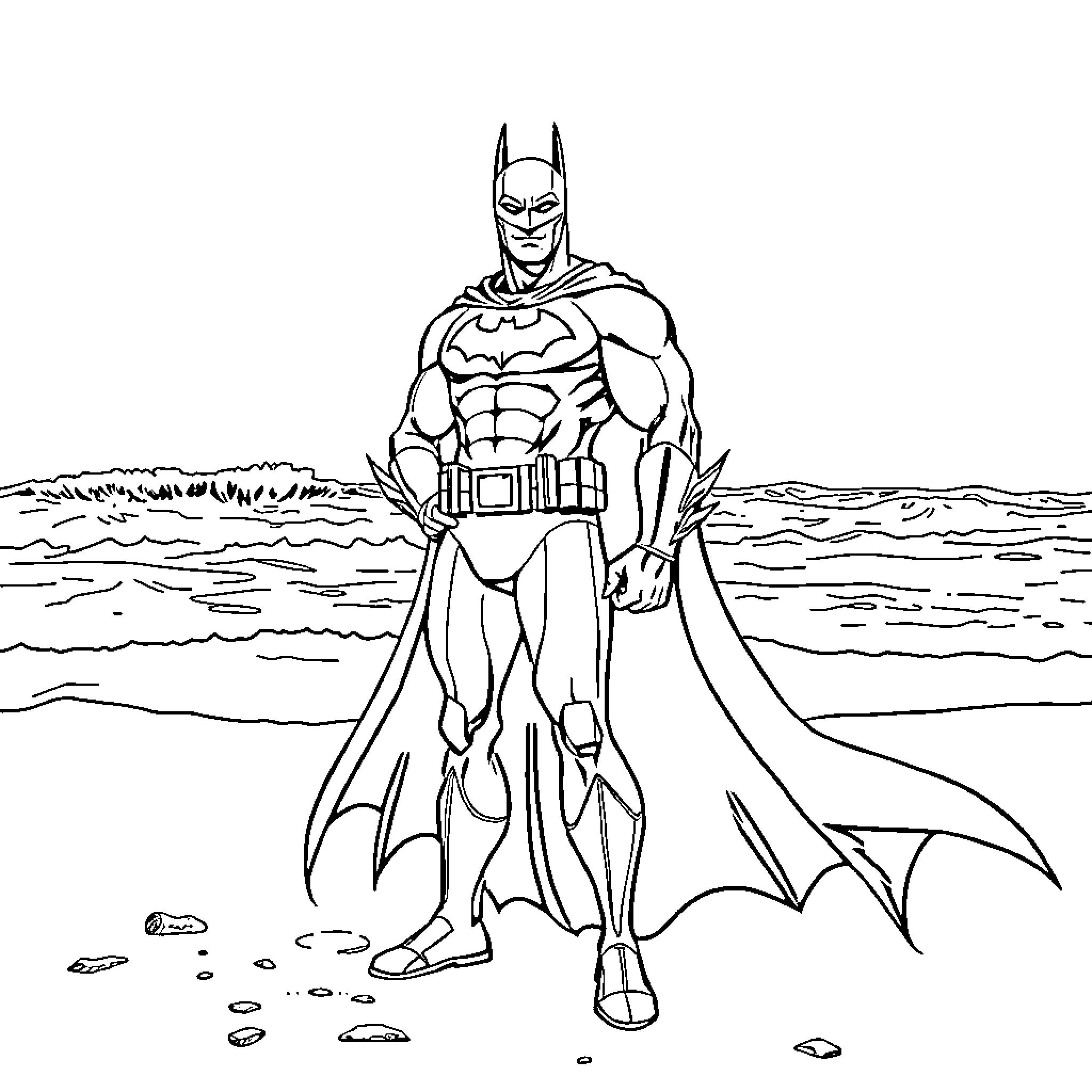 Batman standing heroically on the beach Coloring Page (free black-and-white line drawing printable PDF for all, from beginners to advanced learners, including children, teens, adults, and seniors)