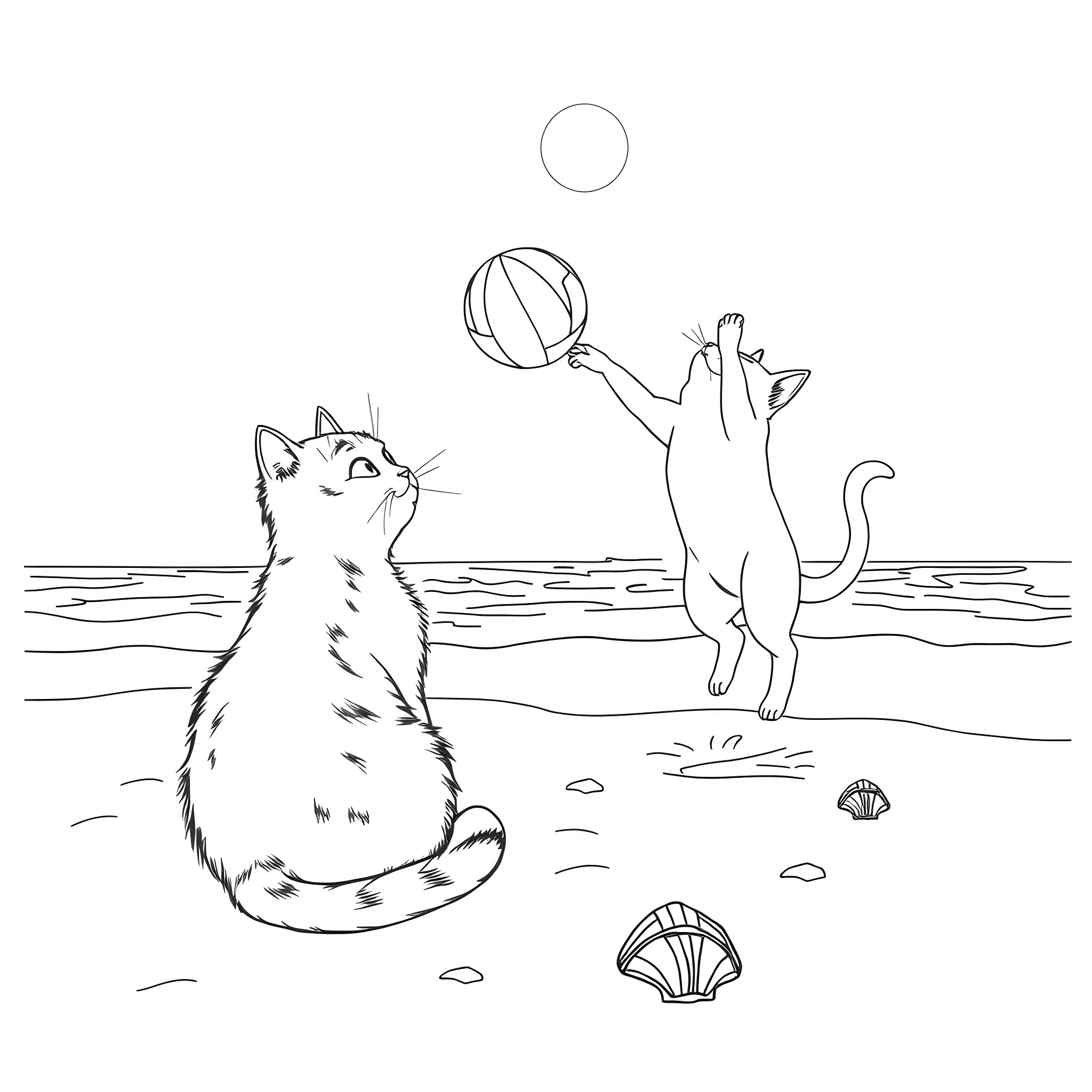 Cat playing with beach ball on the beach Coloring Page (free black-and-white line drawing printable PDF for all, from beginners to advanced learners, including children, teens, adults, and seniors)