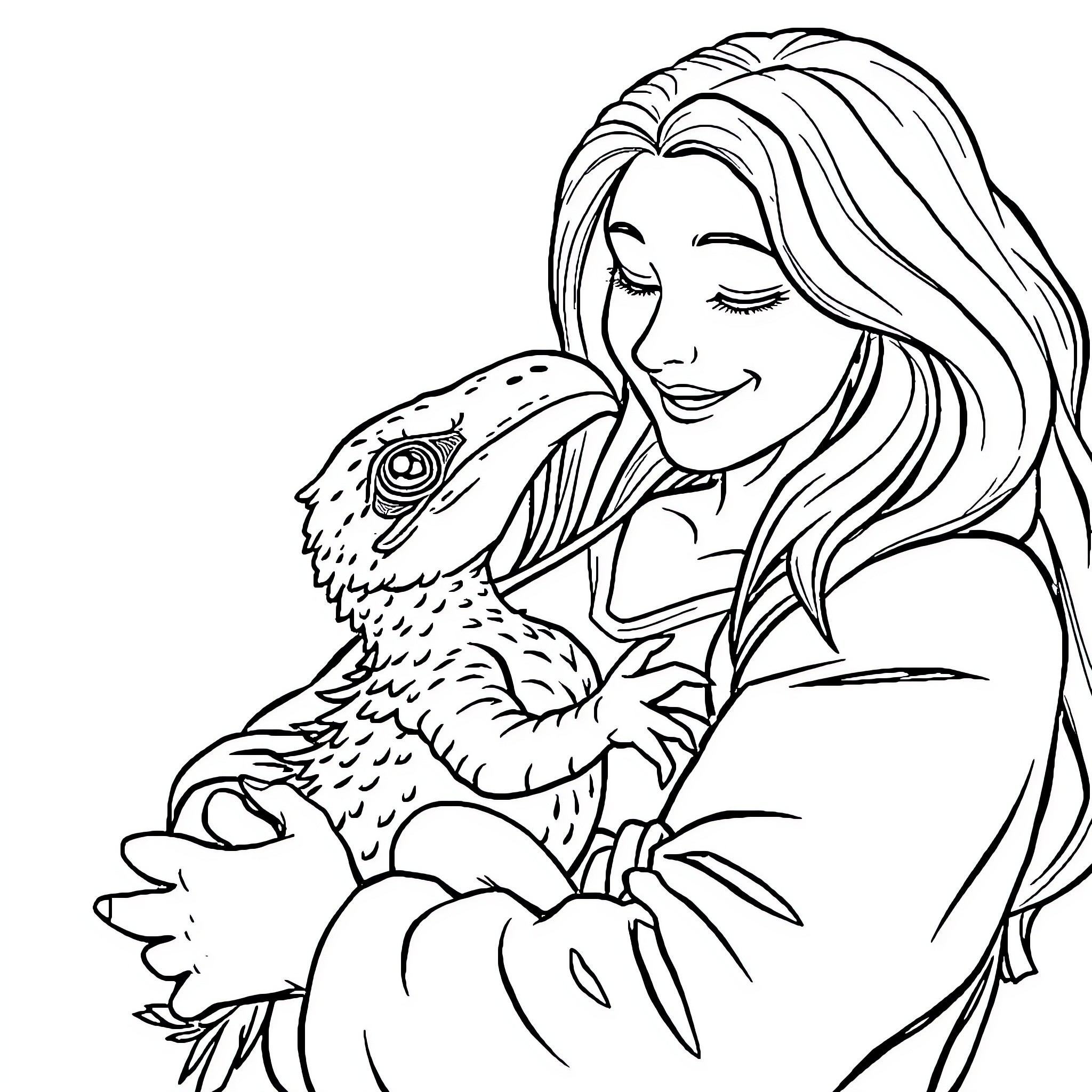 Mom cuddling and smiling with pet lizard Coloring Page (free black-and-white line drawing printable PDF for all, from beginners to advanced learners, including children, teens, adults, and seniors)