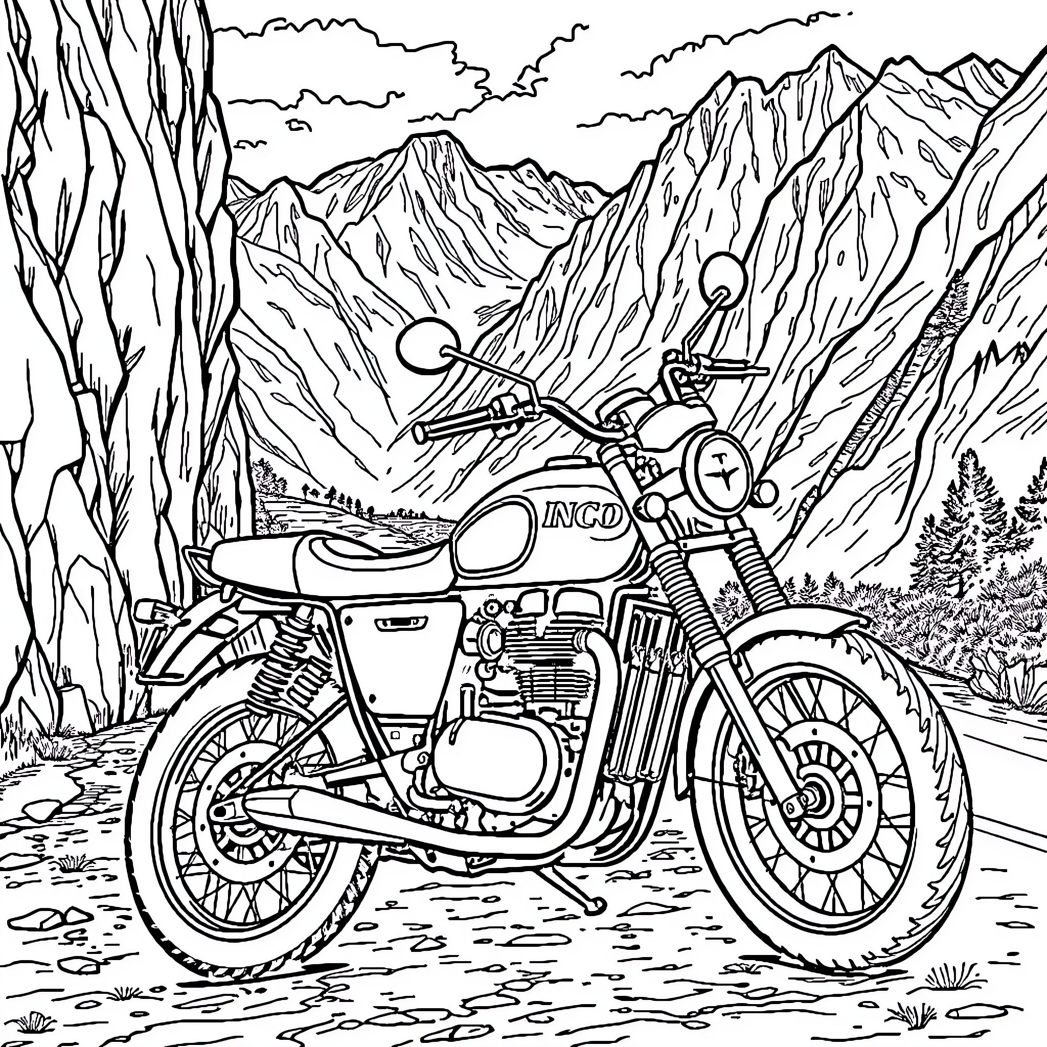 Motorcycle riding through rugged mountain landscape Coloring Page (free black-and-white line drawing printable PDF for all, from beginners to advanced learners, including children, teens, adults, and seniors)