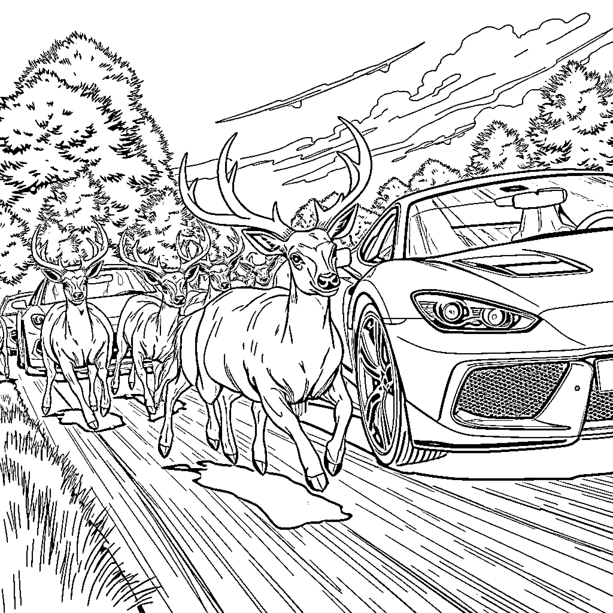 Deer herd racing alongside a sports car on the road Coloring Page (free black-and-white line drawing printable PDF for all, from beginners to advanced learners, including children, teens, adults, and seniors)