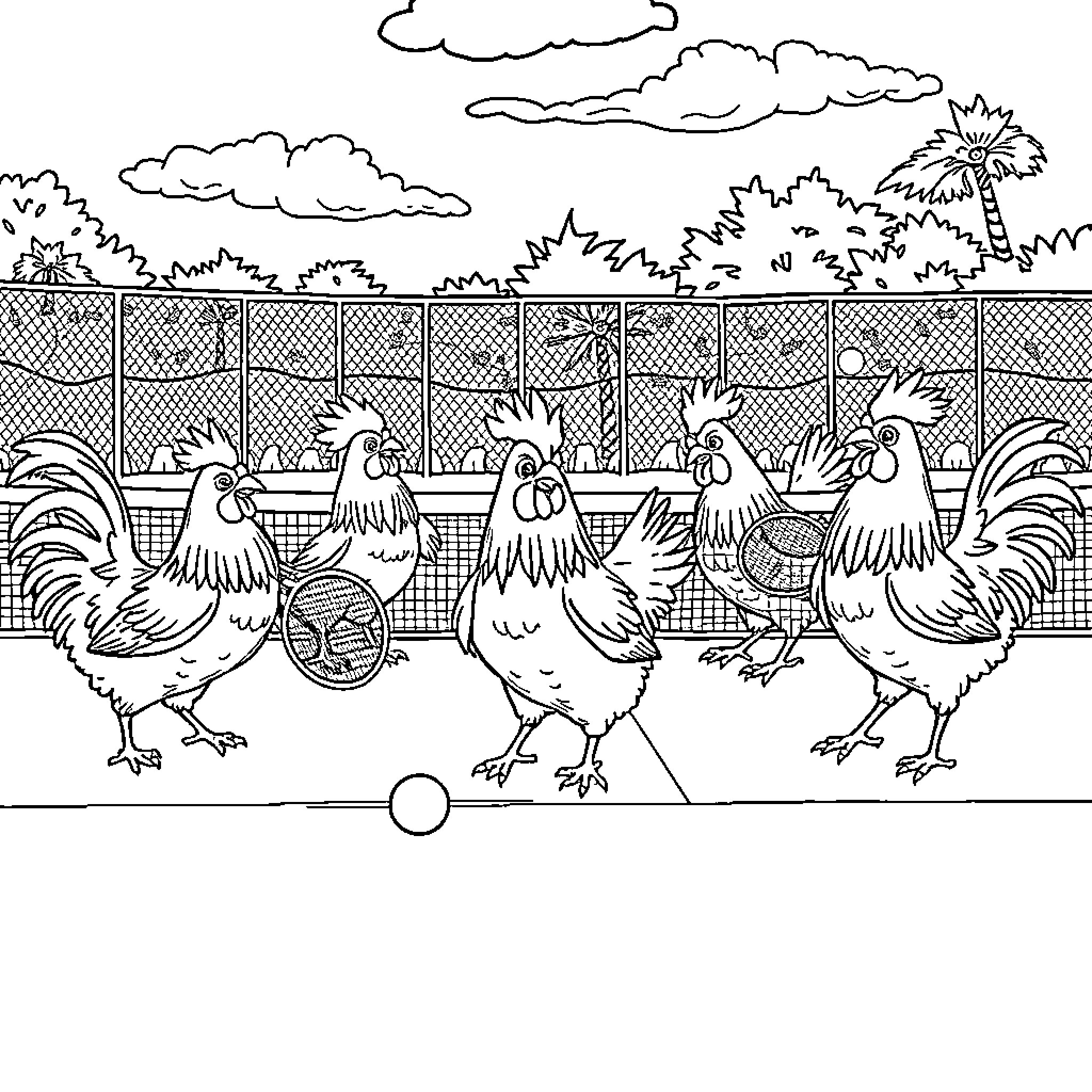 Chicken farm animals in an outdoor pen Coloring Page (free black-and-white line drawing printable PDF for all, from beginners to advanced learners, including children, teens, adults, and seniors)