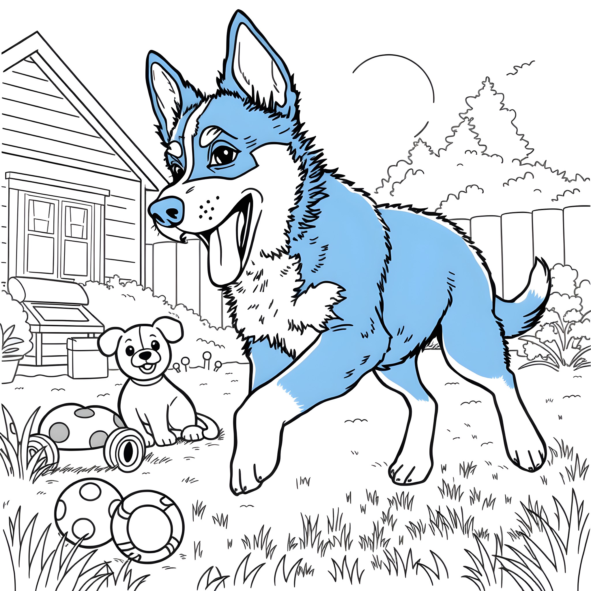 Bluey playing with friends in the backyard Coloring Page (free black-and-white line drawing printable PDF for all, from beginners to advanced learners, including children, teens, adults, and seniors)