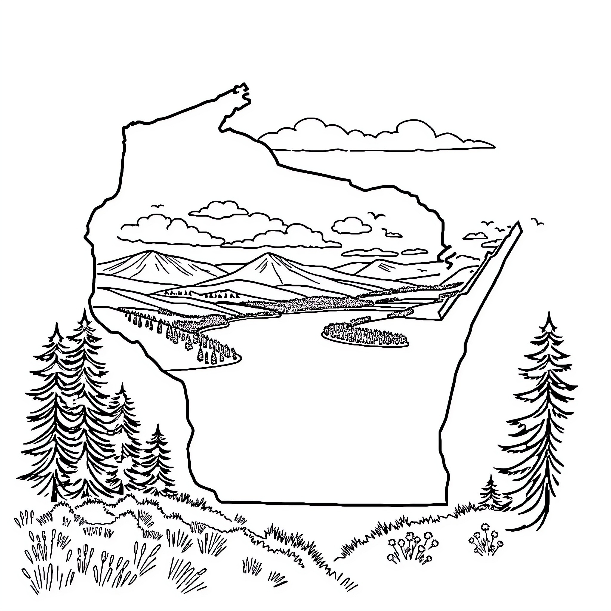 Wisconsin Scenic Landscape with Mountains and Forests Coloring Page (free black-and-white line drawing printable PDF for all, from beginners to advanced learners, including children, teens, adults, and seniors)