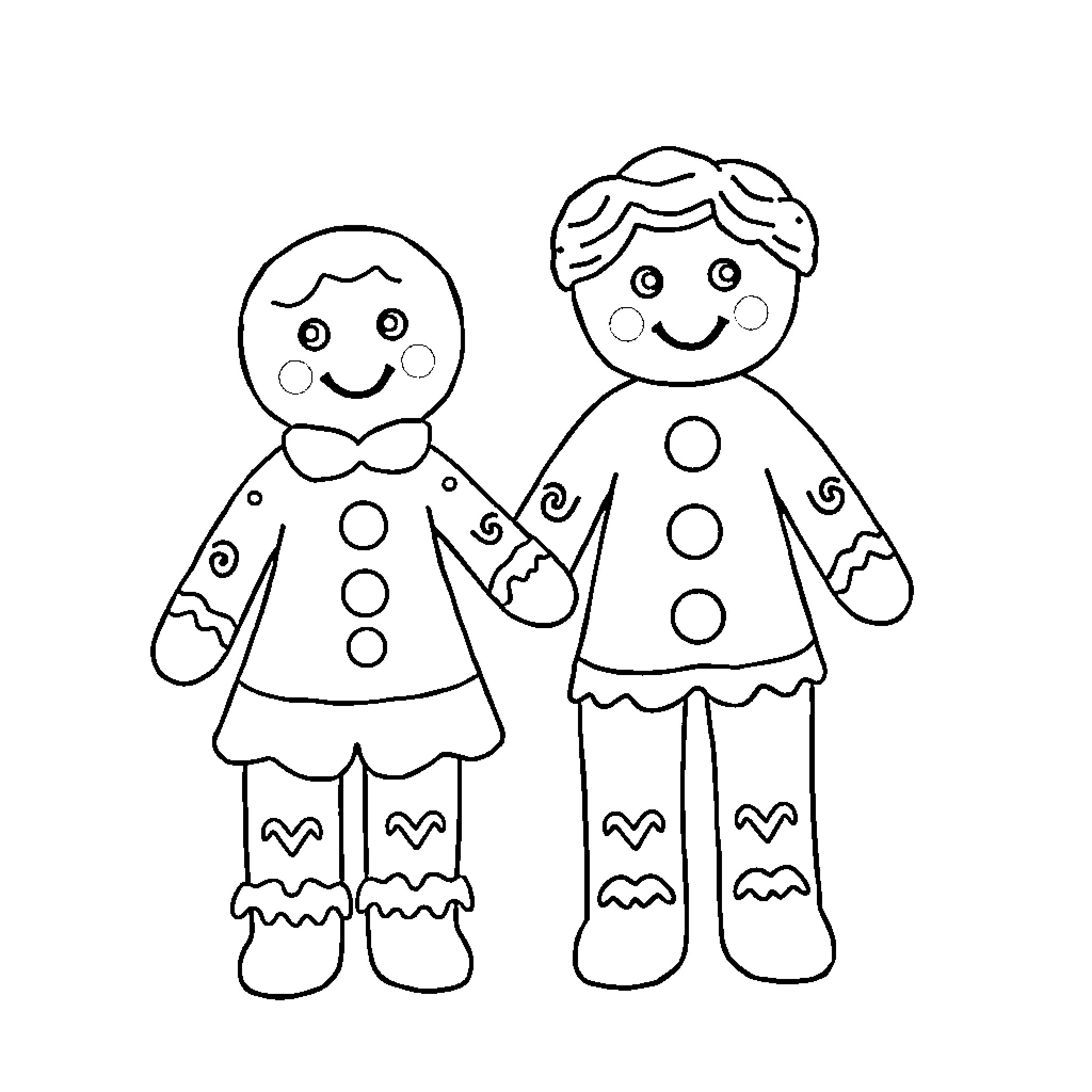 Gingerbread friends enjoying the holidays Coloring Page (free black-and-white line drawing printable PDF for all, from beginners to advanced learners, including children, teens, adults, and seniors)