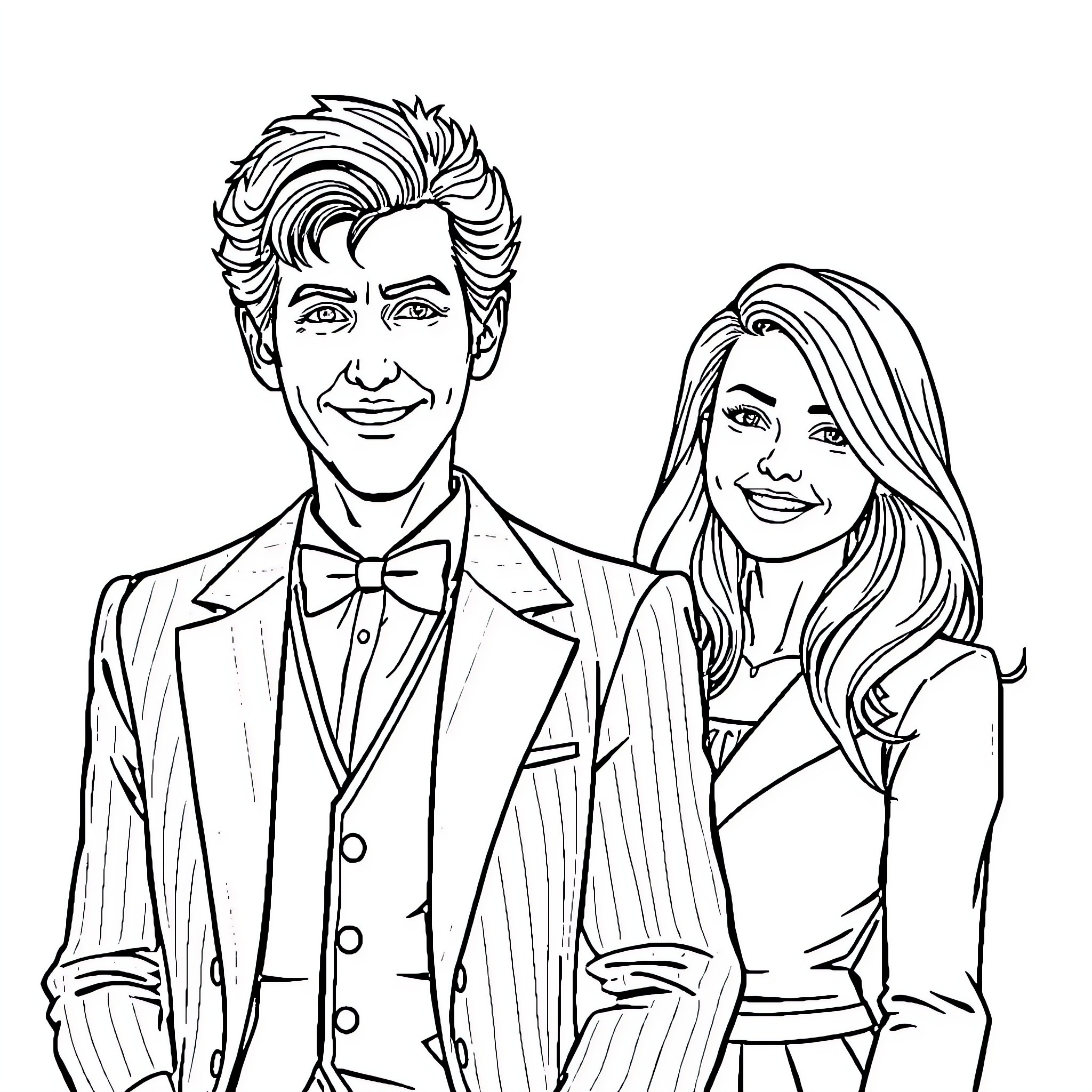 Doctor and Companion Dressed Formally Coloring Page (free black-and-white line drawing printable PDF for all, from beginners to advanced learners, including children, teens, adults, and seniors)