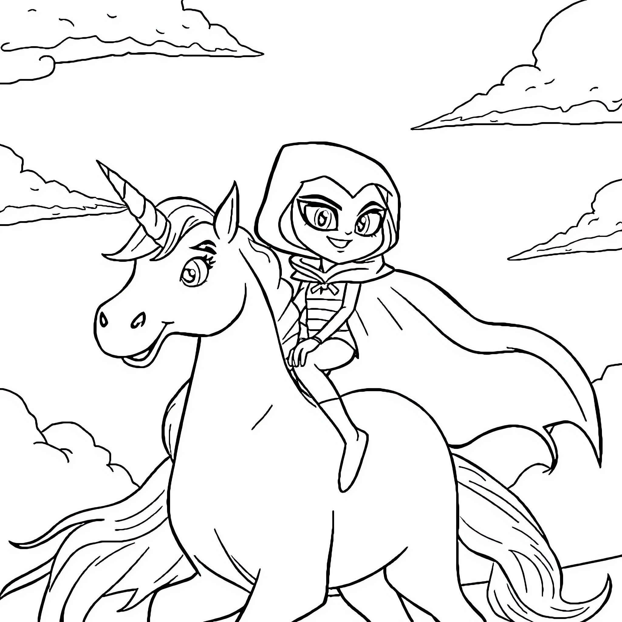 Raven riding a magical unicorn Coloring Page (free black-and-white line drawing printable PDF for all, from beginners to advanced learners, including children, teens, adults, and seniors)