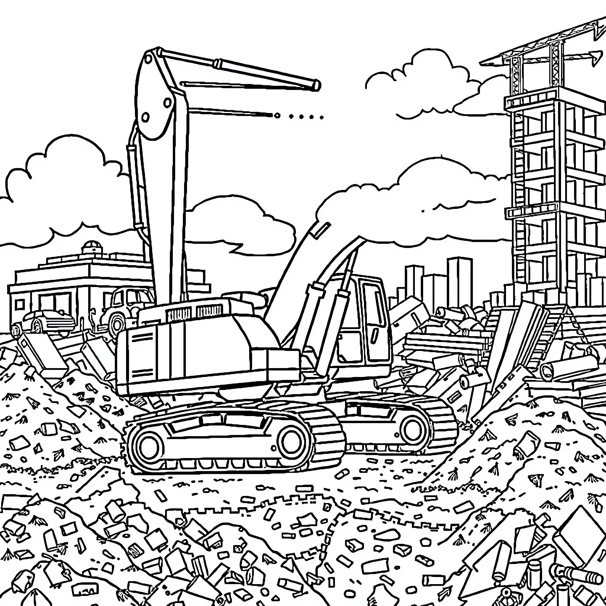Excavator working on construction site with debris Coloring Page (free black-and-white line drawing printable PDF for all, from beginners to advanced learners, including children, teens, adults, and seniors)