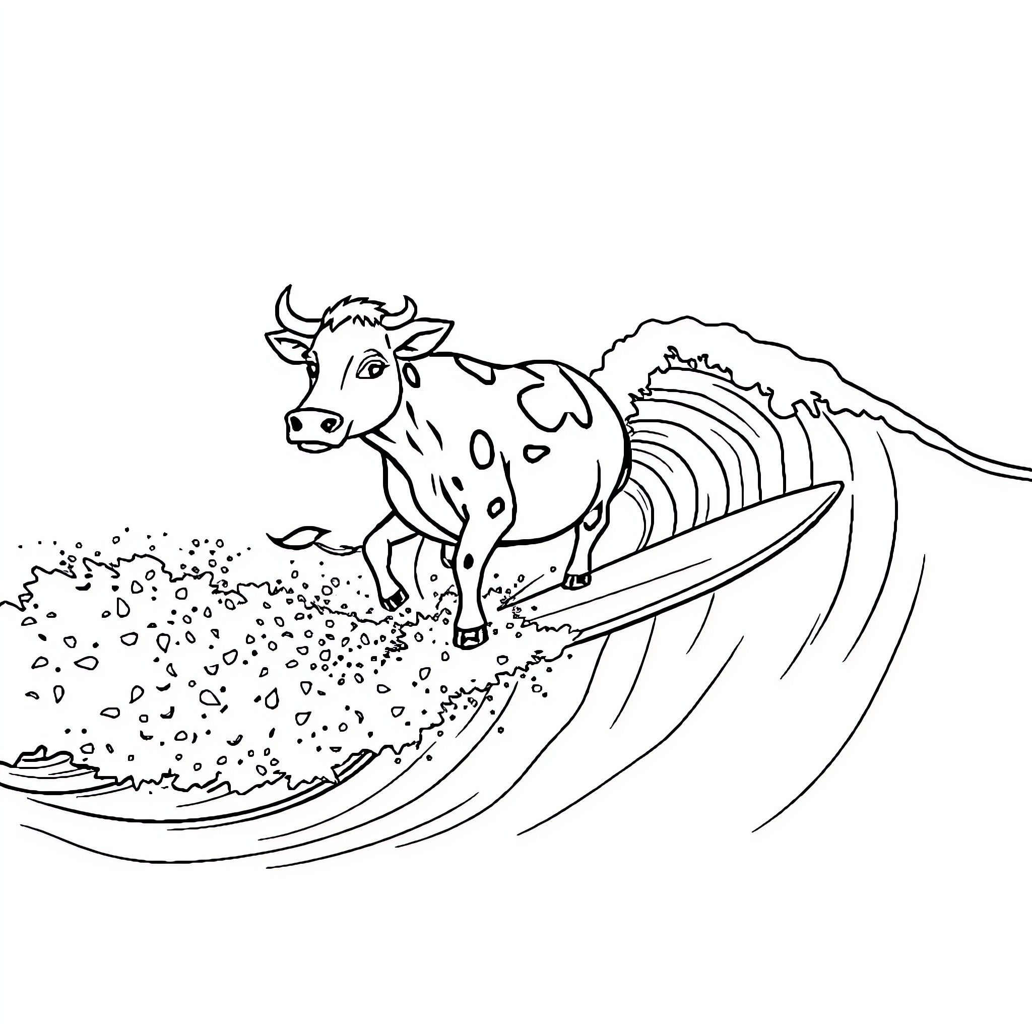 Cow riding a surfboard on a wave Coloring Page (free black-and-white line drawing printable PDF for all, from beginners to advanced learners, including children, teens, adults, and seniors)