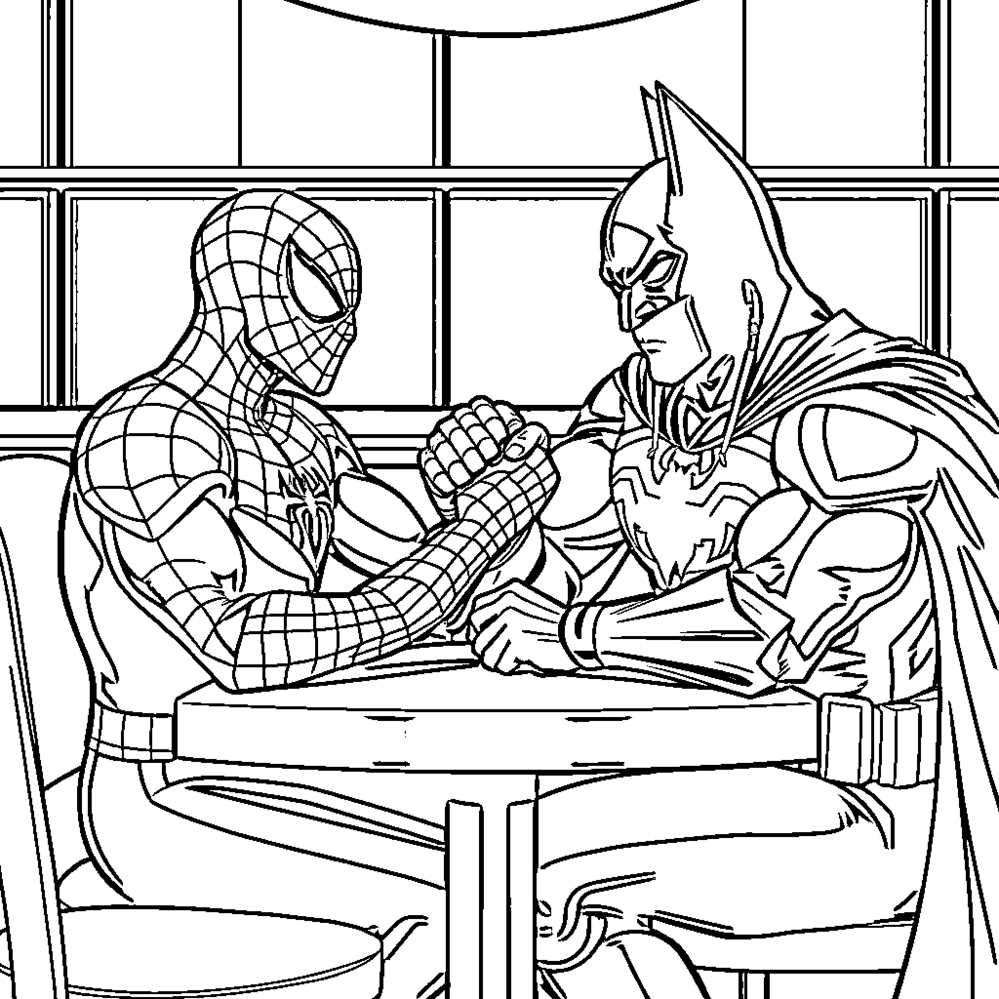 Spiderman meets Batman in a mysterious encounter Coloring Page (free black-and-white line drawing printable PDF for all, from beginners to advanced learners, including children, teens, adults, and seniors)