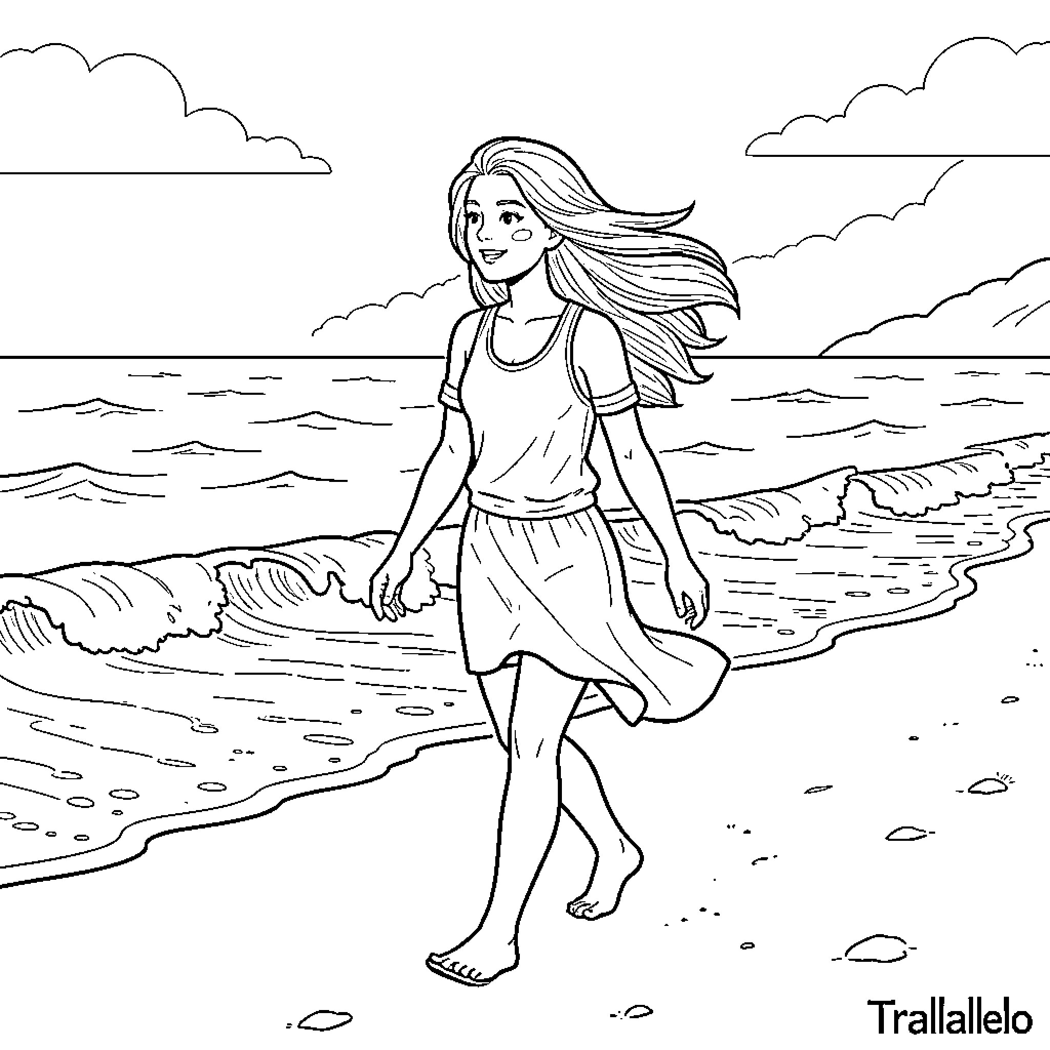 Trallallelo girl walking happily along the seashore Coloring Page (free black-and-white line drawing printable PDF for all, from beginners to advanced learners, including children, teens, adults, and seniors)