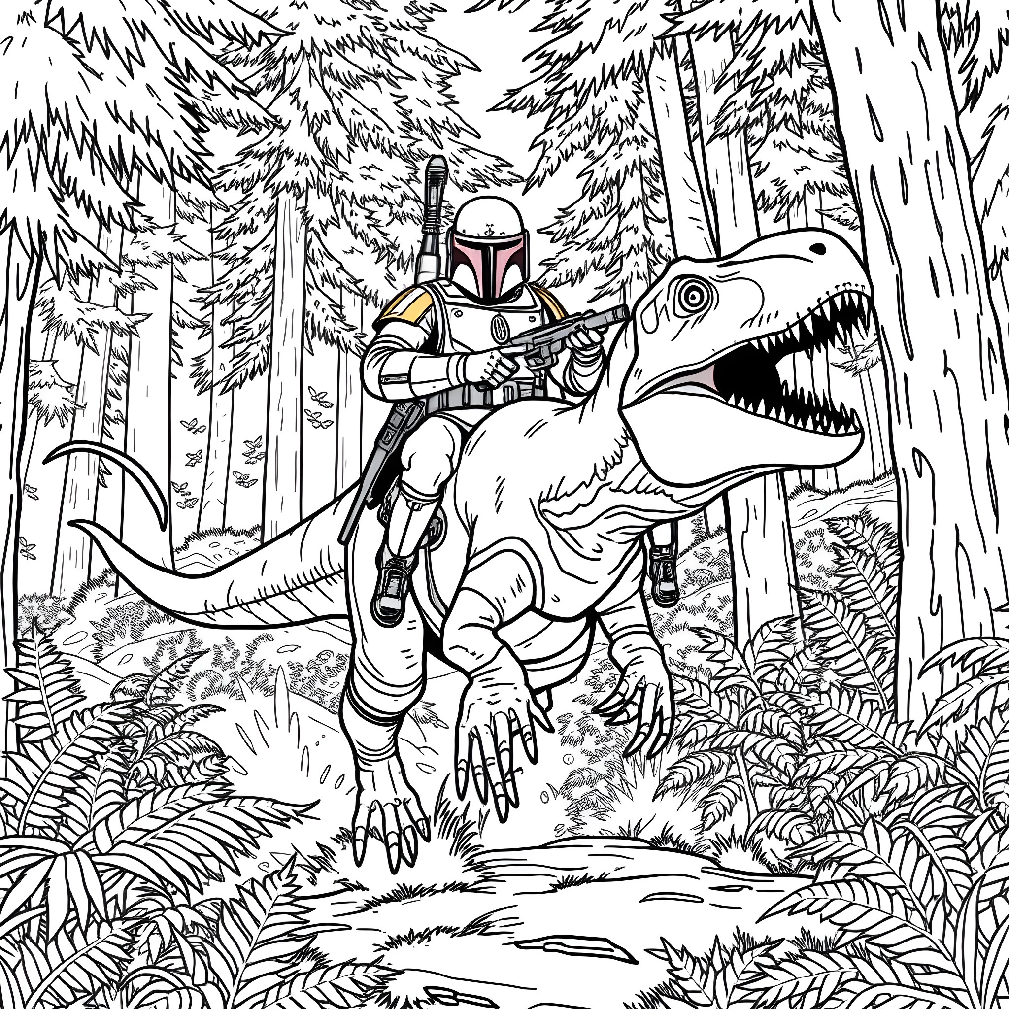 Boba Fett battles a fearsome dinosaur in the wilderness Coloring Page (free black-and-white line drawing printable PDF for all, from beginners to advanced learners, including children, teens, adults, and seniors)