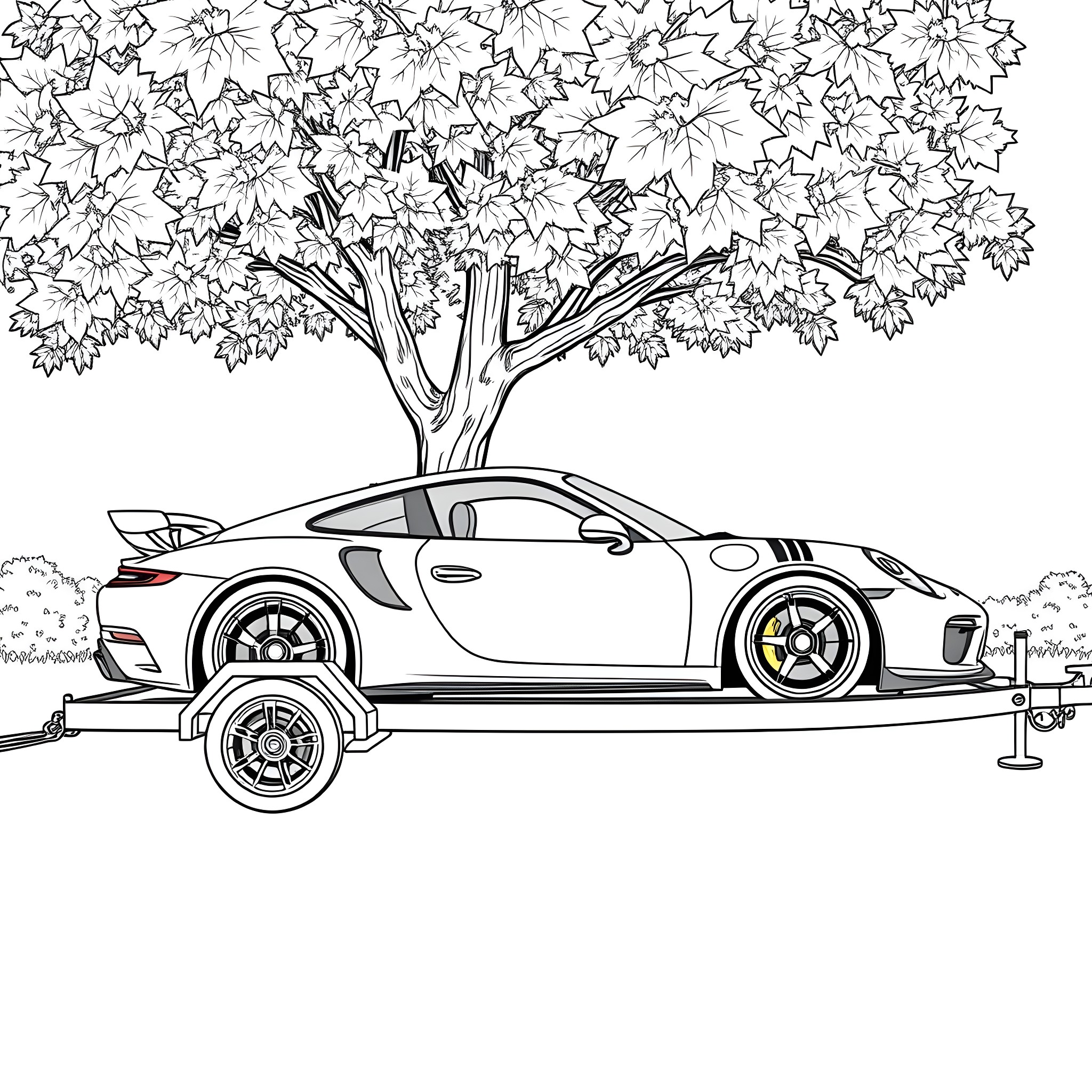 Car Trailer Loaded with Stylish Sports Car Coloring Page (free black-and-white line drawing printable PDF for all, from beginners to advanced learners, including children, teens, adults, and seniors)