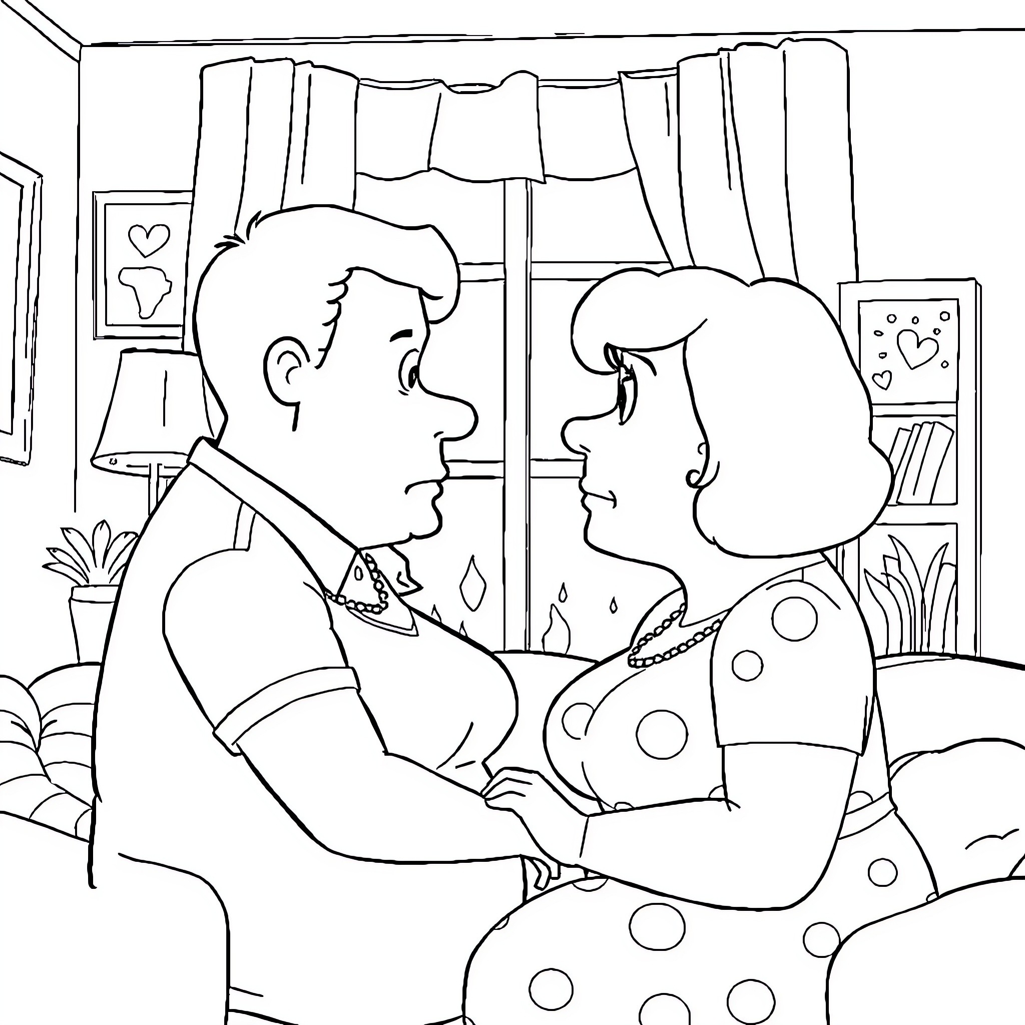 Lois and Friend Sharing Intimate Moment Coloring Page (free black-and-white line drawing printable PDF for all, from beginners to advanced learners, including children, teens, adults, and seniors)