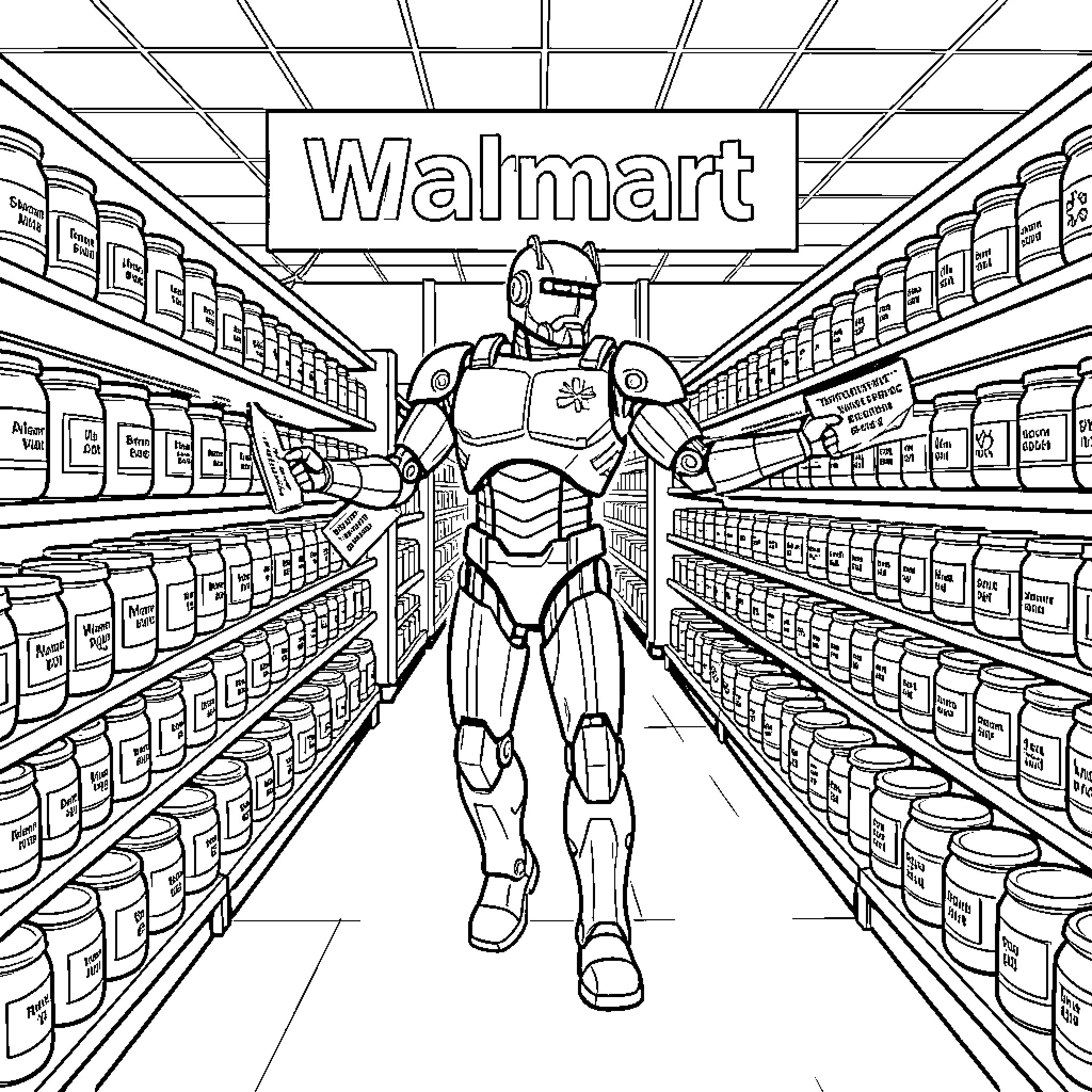 Robocop walking through grocery store aisles holding items Coloring Page (free black-and-white line drawing printable PDF for all, from beginners to advanced learners, including children, teens, adults, and seniors)