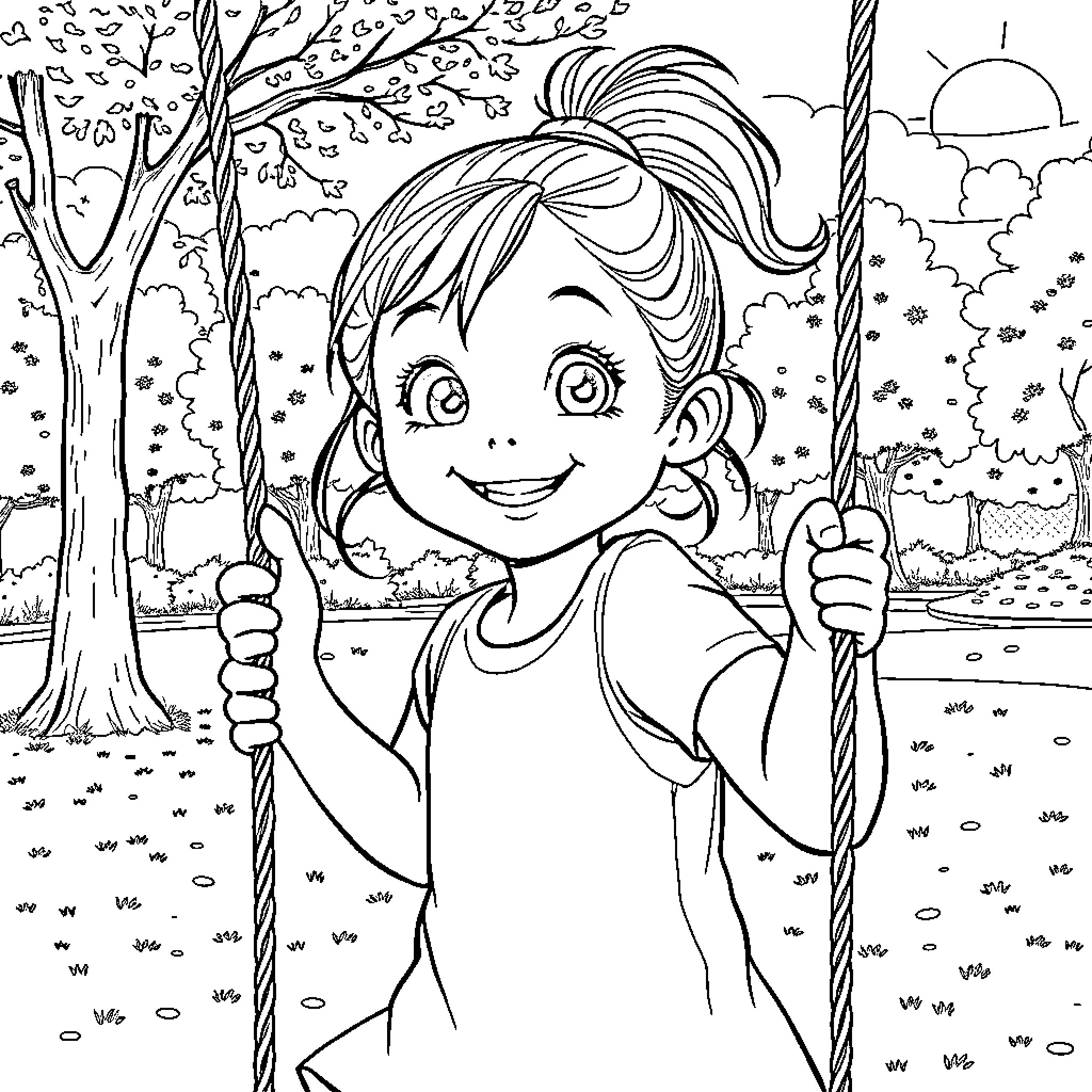 Girl playing joyfully on a swing in the park Coloring Page (free black-and-white line drawing printable PDF for all, from beginners to advanced learners, including children, teens, adults, and seniors)