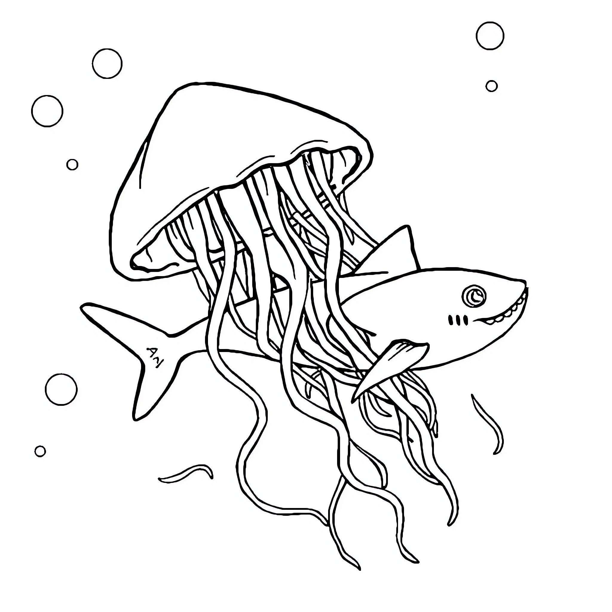 Jellyfish swimming playfully in the ocean Coloring Page (free black-and-white line drawing printable PDF for all, from beginners to advanced learners, including children, teens, adults, and seniors)