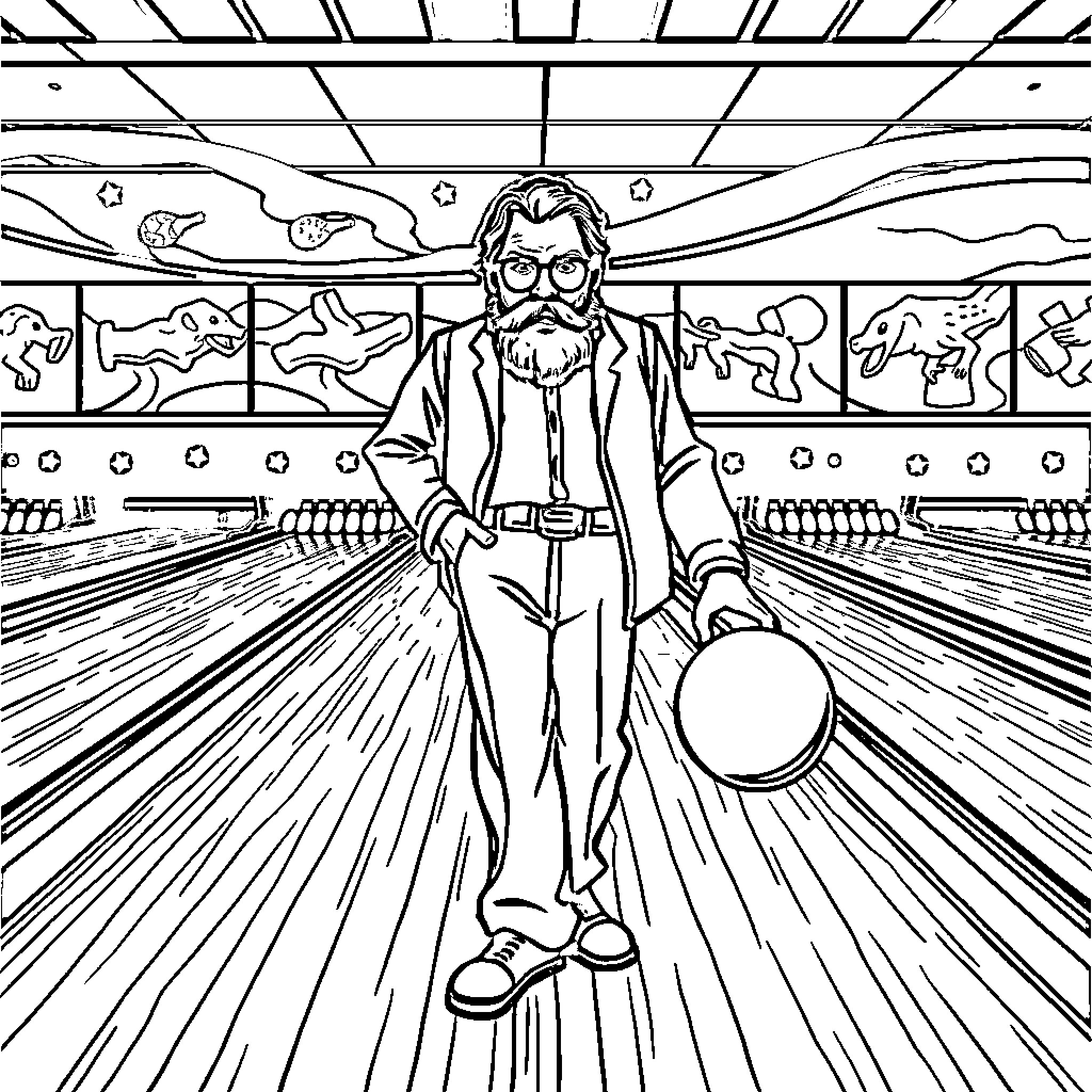 Jeffrey Lebowski playing bowling in a surreal setting Coloring Page (free black-and-white line drawing printable PDF for all, from beginners to advanced learners, including children, teens, adults, and seniors)