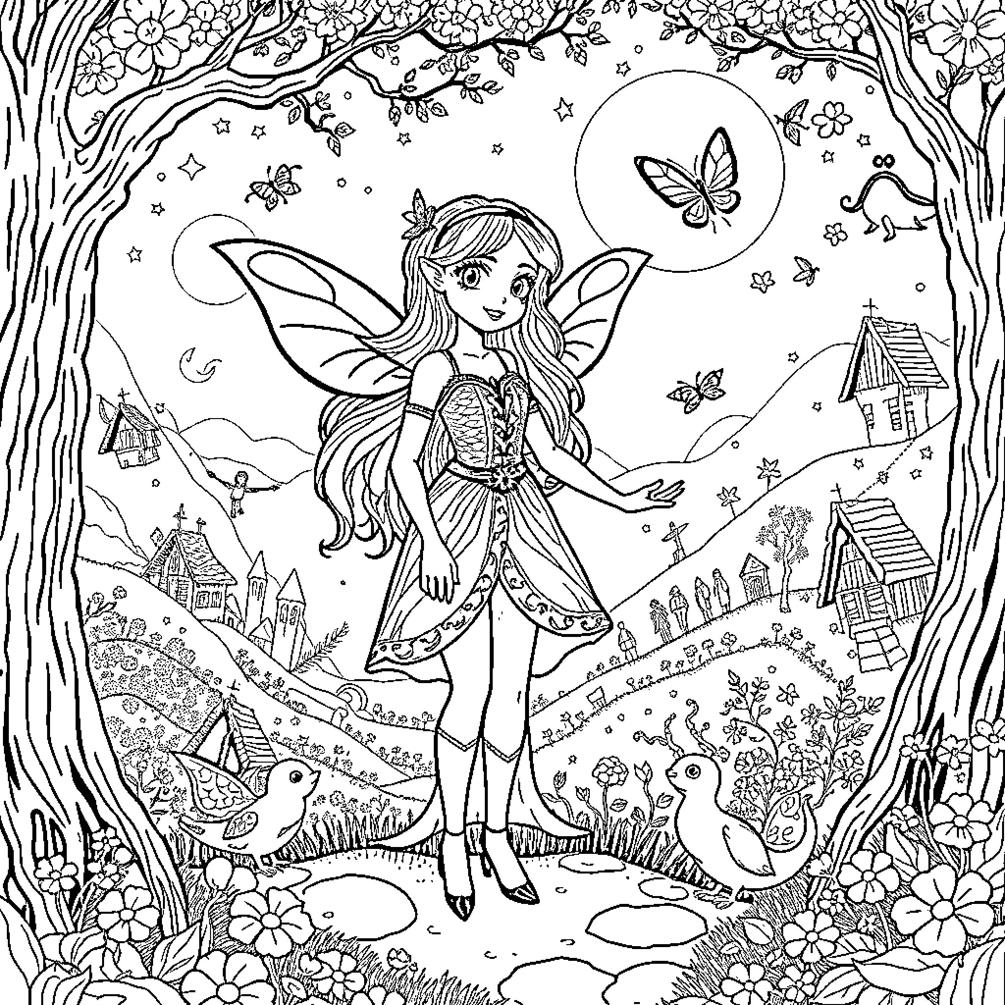 Fairy in a Whimsical Forest Landscape Coloring Page (free black-and-white line drawing printable PDF for all, from beginners to advanced learners, including children, teens, adults, and seniors)