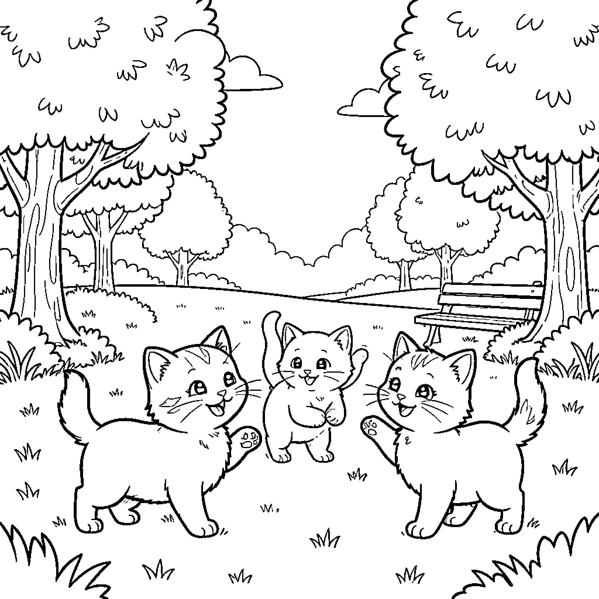 Gato kittens playing in the park Coloring Page (free black-and-white line drawing printable PDF for all, from beginners to advanced learners, including children, teens, adults, and seniors)