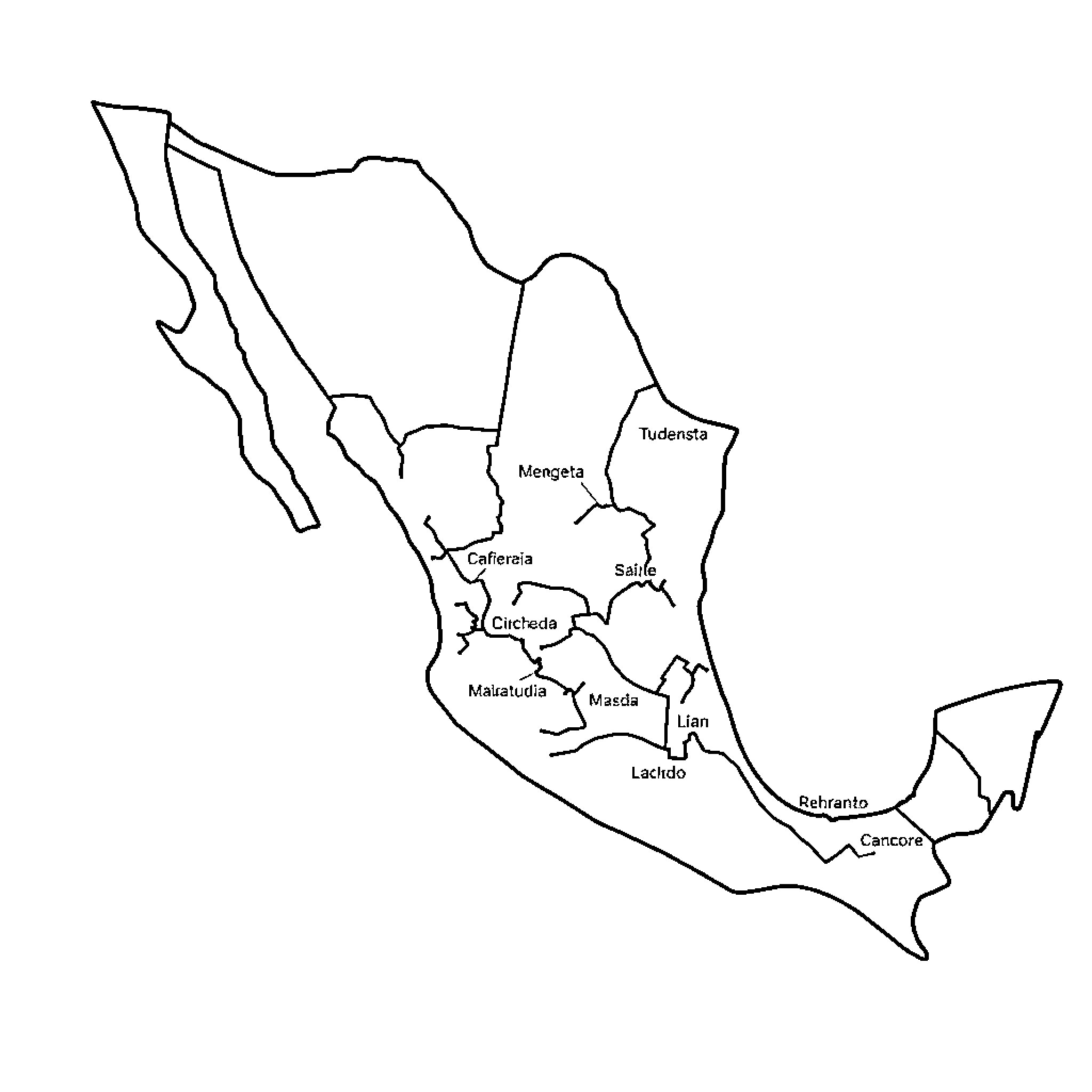 Mapa of Mexico's geographic regions Coloring Page (free black-and-white line drawing printable PDF for all, from beginners to advanced learners, including children, teens, adults, and seniors)