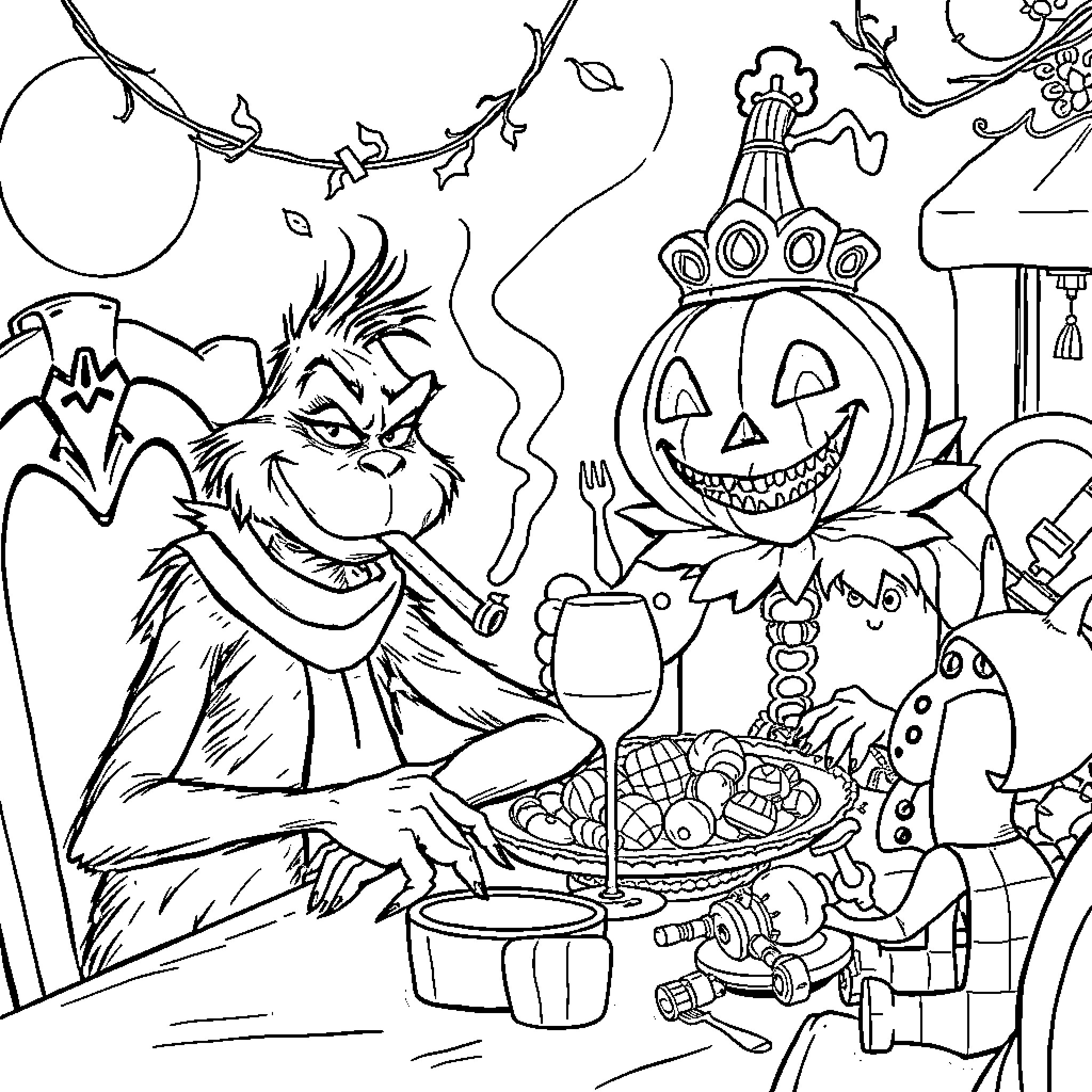 Grinch's Mischievous Halloween Shenanigans Coloring Page (free black-and-white line drawing printable PDF for all, from beginners to advanced learners, including children, teens, adults, and seniors)