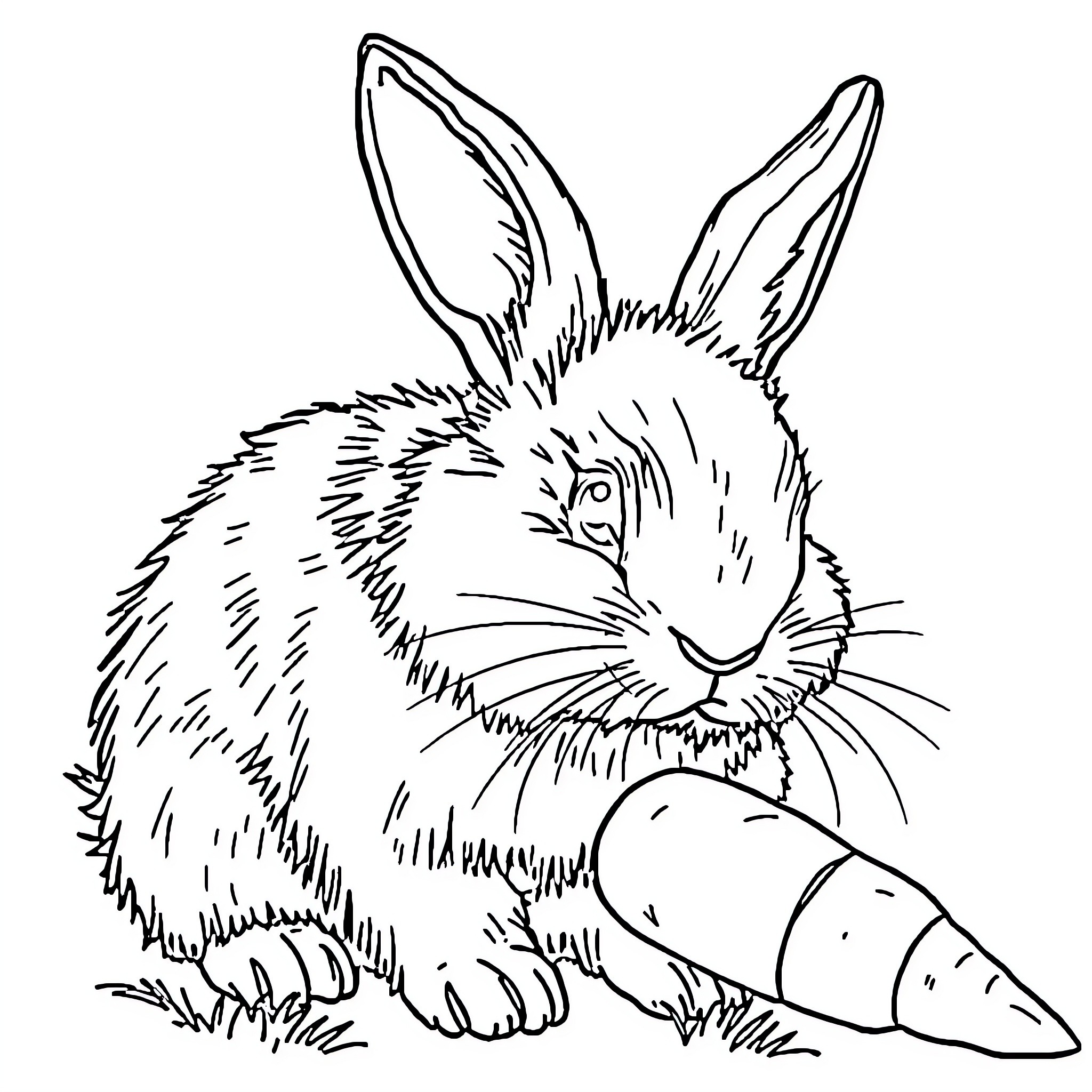 Rabbit with a large carrot Coloring Page (free black-and-white line drawing printable PDF for all, from beginners to advanced learners, including children, teens, adults, and seniors)