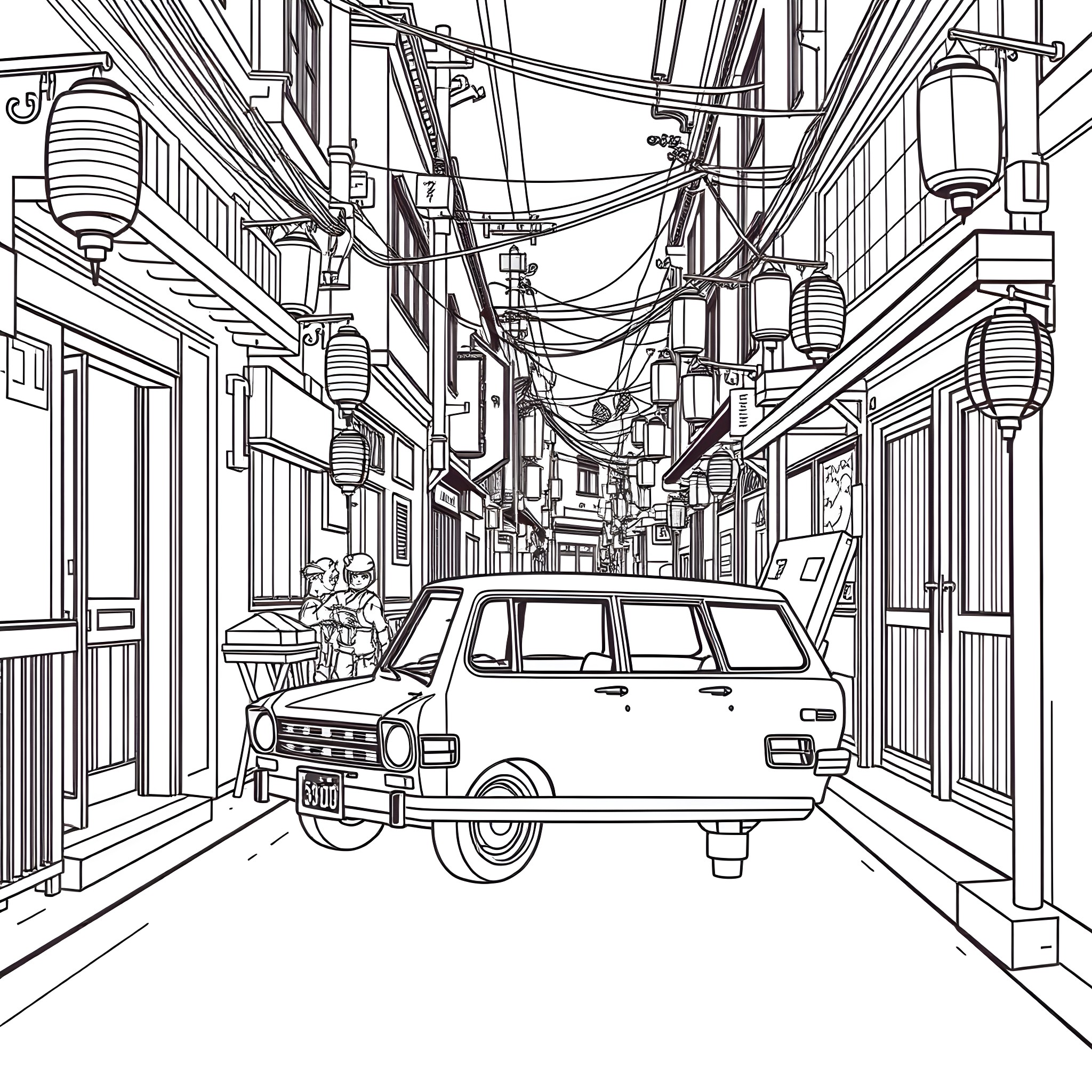 Datsun car driving down a bustling alley Coloring Page (free black-and-white line drawing printable PDF for all, from beginners to advanced learners, including children, teens, adults, and seniors)