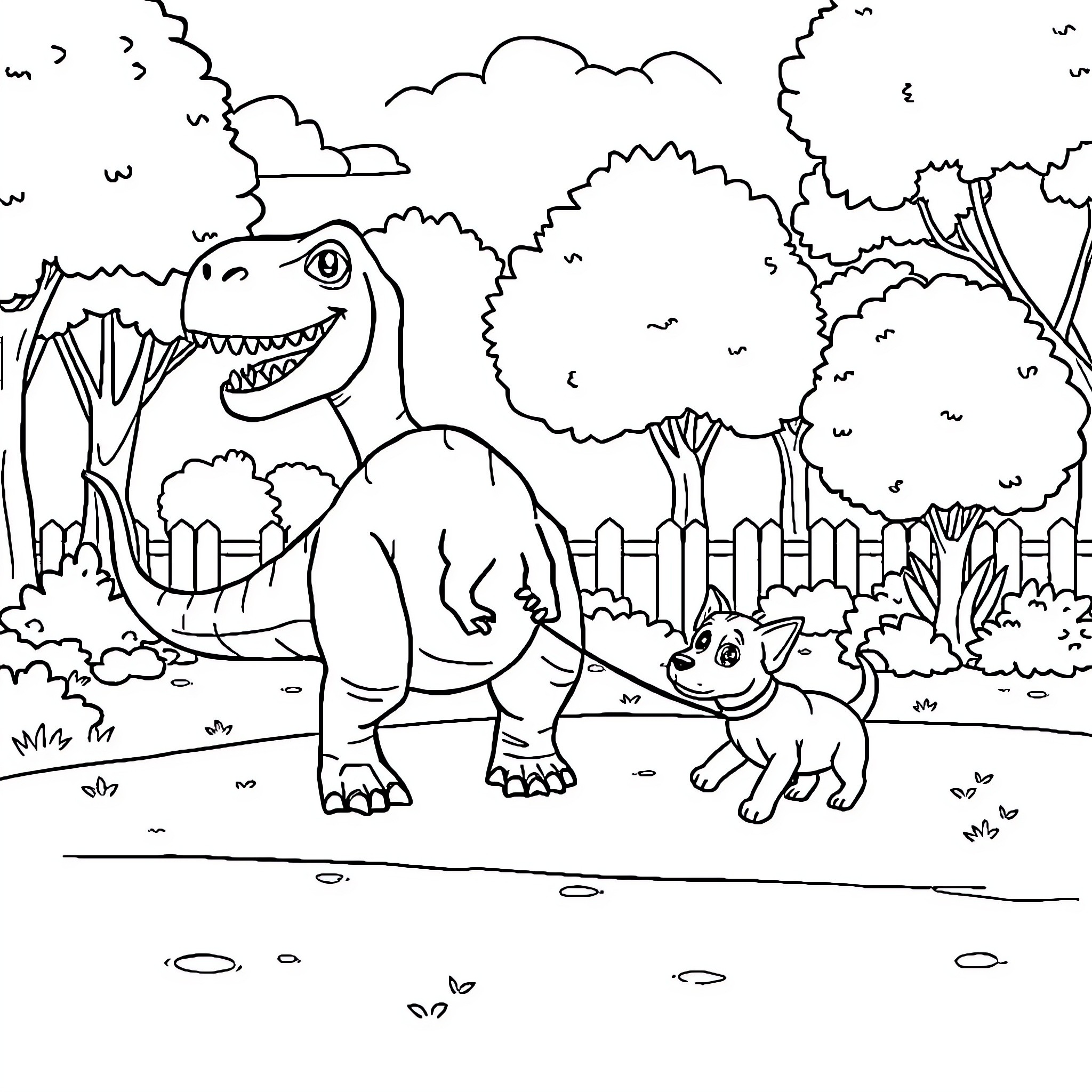 Dinosaur and Pet Playing in Nature Coloring Page (free black-and-white line drawing printable PDF for all, from beginners to advanced learners, including children, teens, adults, and seniors)