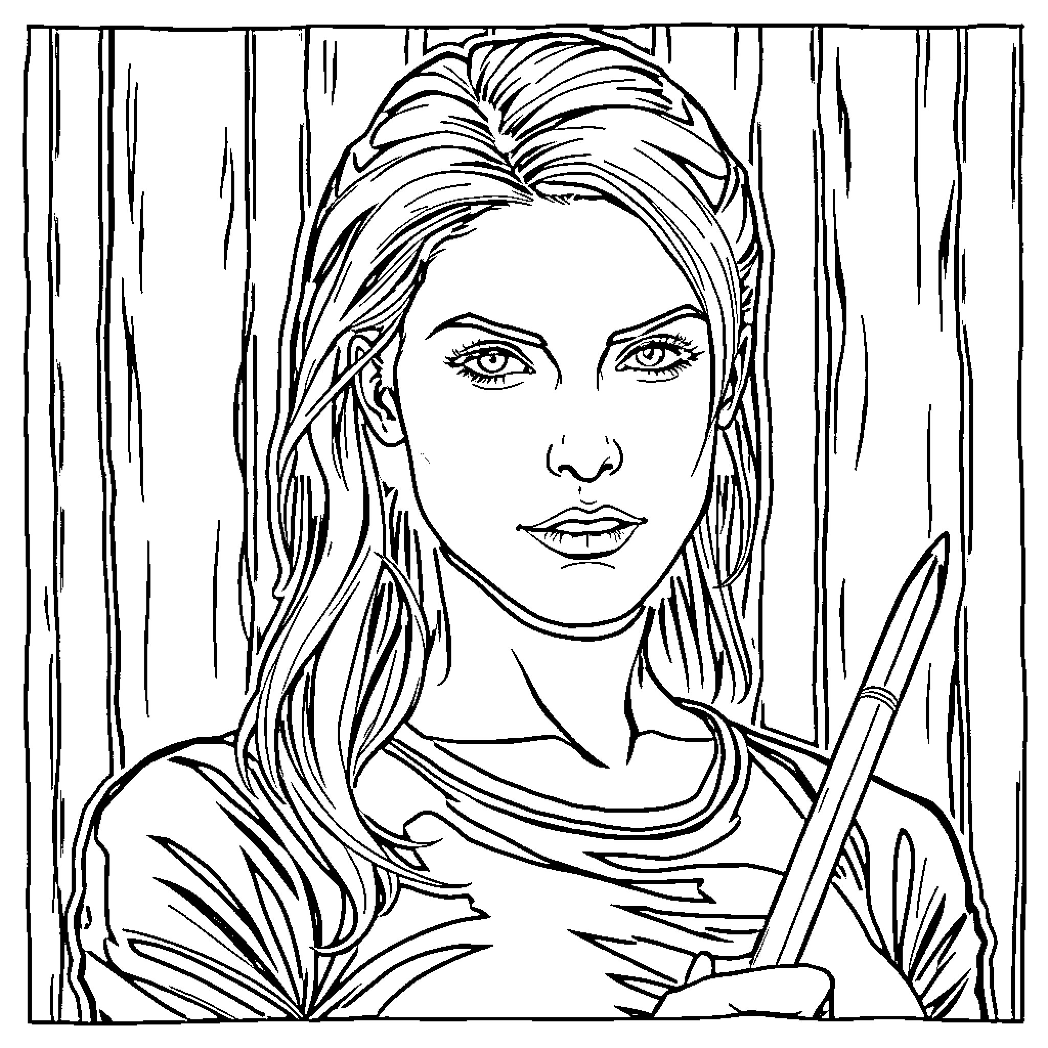 Buffy Summers in a pensive moment Coloring Page (free black-and-white line drawing printable PDF for all, from beginners to advanced learners, including children, teens, adults, and seniors)
