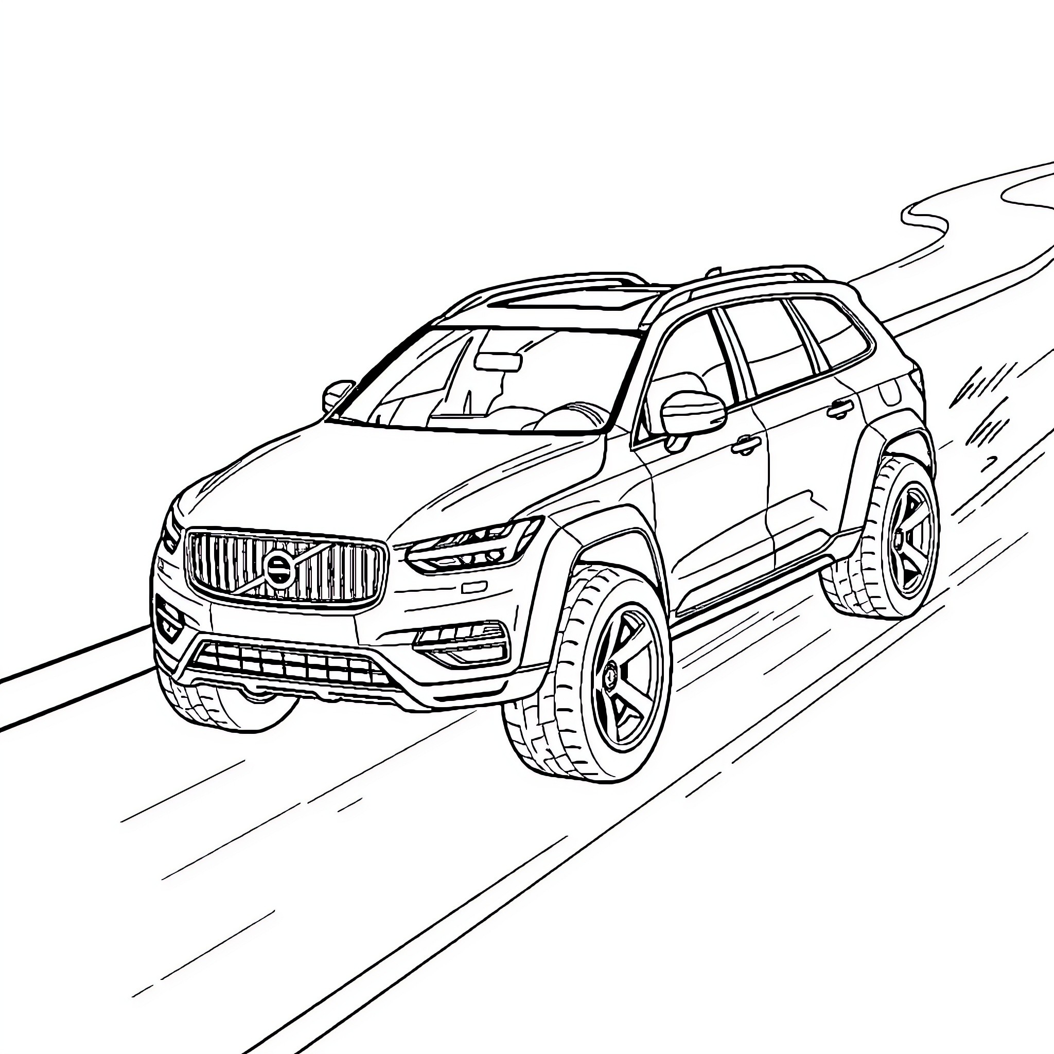 Volvo SUV speeding on off-road terrain Coloring Page (free black-and-white line drawing printable PDF for all, from beginners to advanced learners, including children, teens, adults, and seniors)