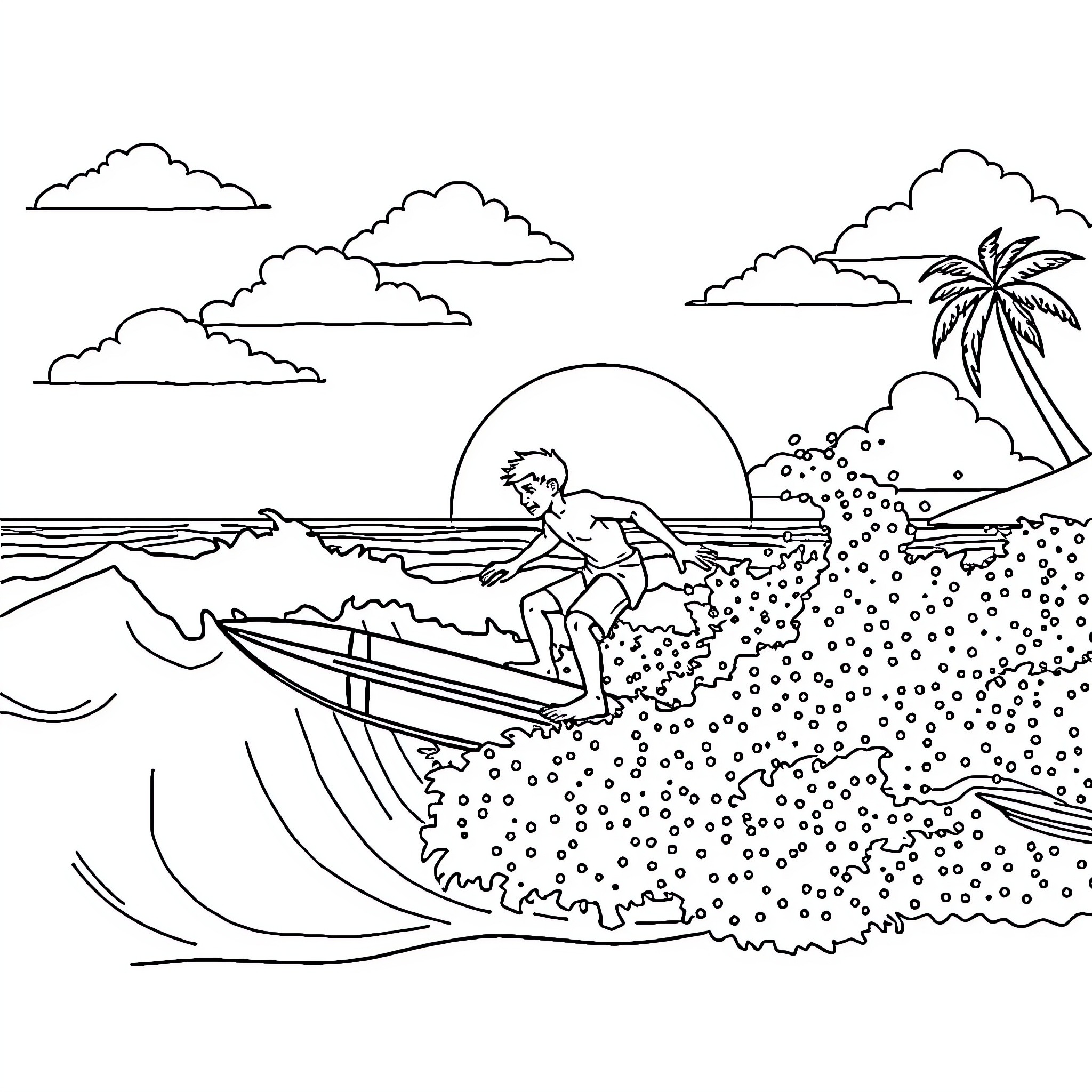 Tralalero Surfer Catching the Wave Coloring Page (free black-and-white line drawing printable PDF for all, from beginners to advanced learners, including children, teens, adults, and seniors)