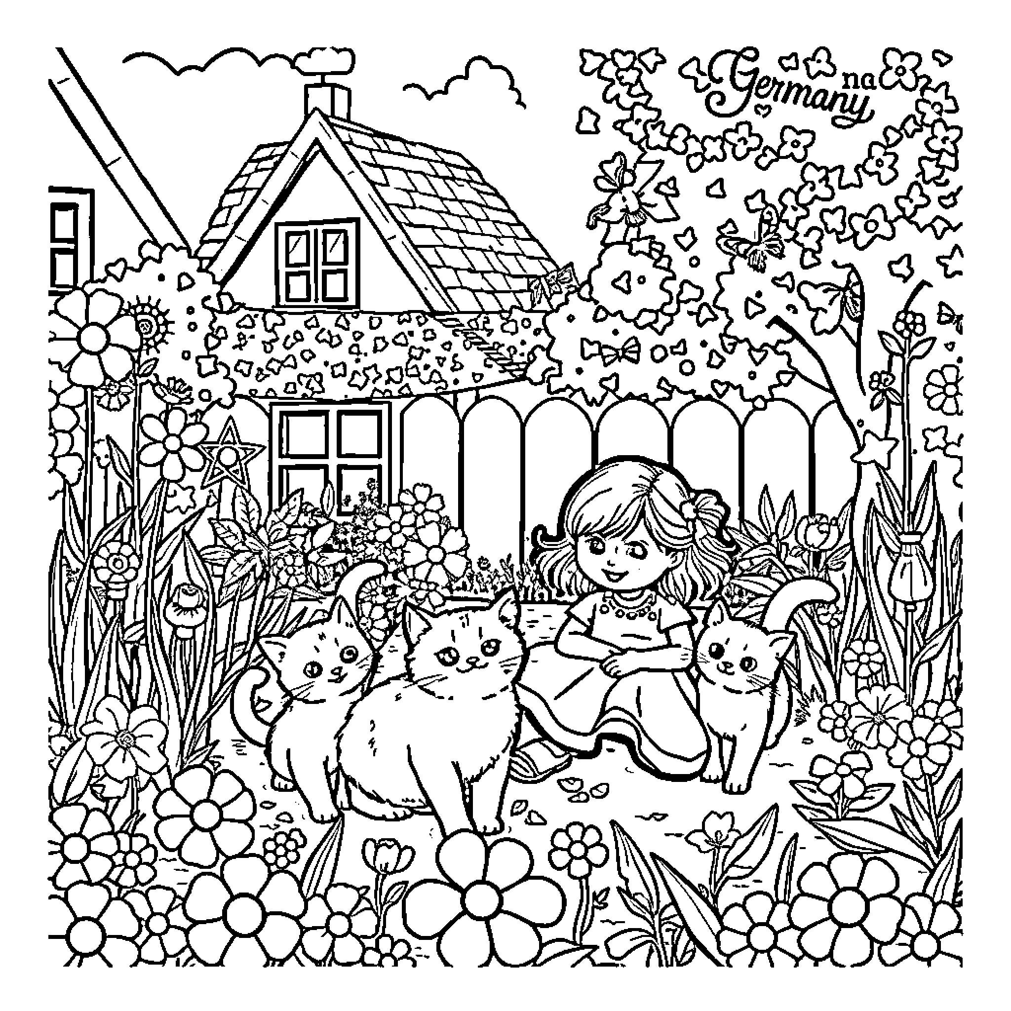 Girl playing with kittens in a flowery garden Coloring Page (free black-and-white line drawing printable PDF for all, from beginners to advanced learners, including children, teens, adults, and seniors)